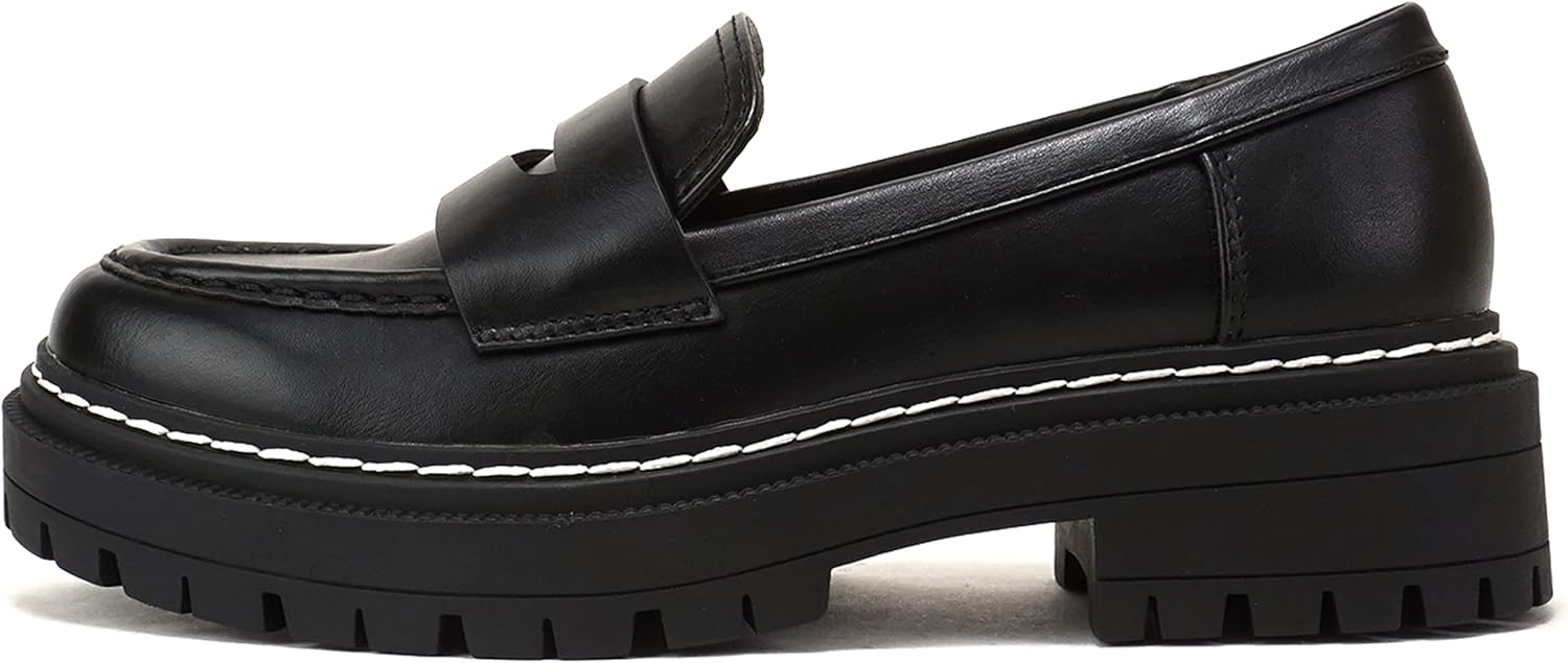 Soda “Eureka” ~ Women Slip On Platform Penny Loafer Lug Sole with Stitched Detail (Black PU, us_Footwear_Size_System, Adult, Women, Numeric, Medium, Numeric_8_Point_5)