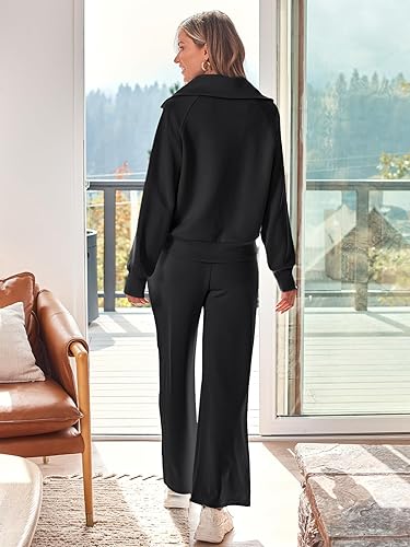 Miniatura 4 de AUTOMET Conjunto deportivo de 2 piezas para mujer, ropa de descanso, con cremallera de un cuarto, sudadera con pantalones de pierna ancha