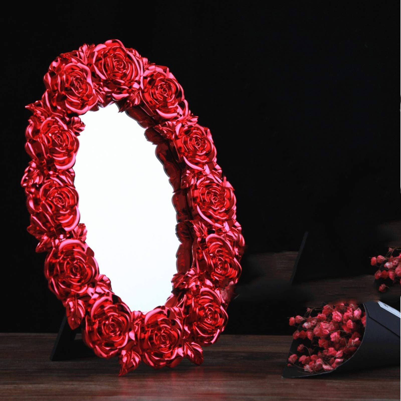 HASMI Schminkspiegel Hochzeit Make-up Spiegel Braut Rot Eitelkeit Spiegel Rose Dekoration Spiegel Desktop Dressing Spiegel for Damen Kosmetikspiegel für den Haushalt
