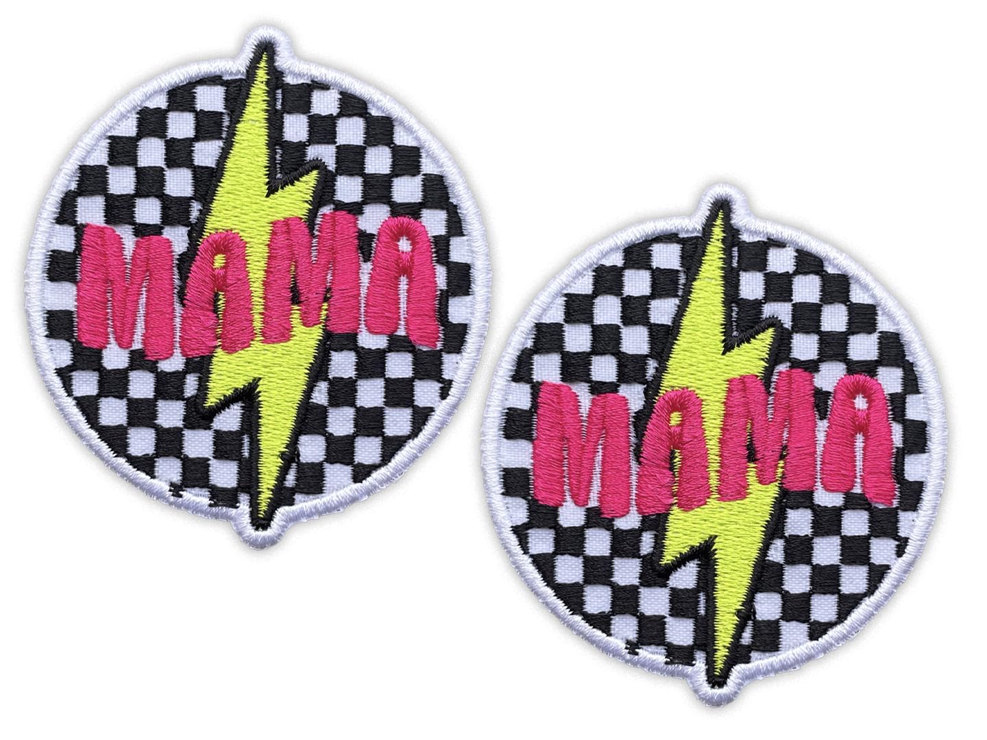 Lightning Mama Patch, 2.75" x 3", Pink and Yellow, Embroidered Iron-On for Hats, Bags, Jackets, 2-Pack