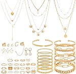 54 Pcs Gold Jewelry Set for Women Multi Layered Necklace Knuckle Rings Stackable Bracelets Dainty Ear Clips Fashion Jewelry Set Anniversary Birthday Valentine Gifts for Women Girls