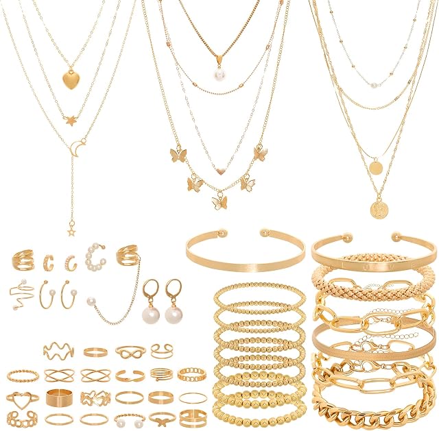 54 Pcs Gold Jewelry Set for Women Multi Layered Necklace Knuckle Rings Stackable Bracelets Dainty Ear Clips Fashion Jewelry Set Anniversary Birthday Valentine Gifts for Women Girls