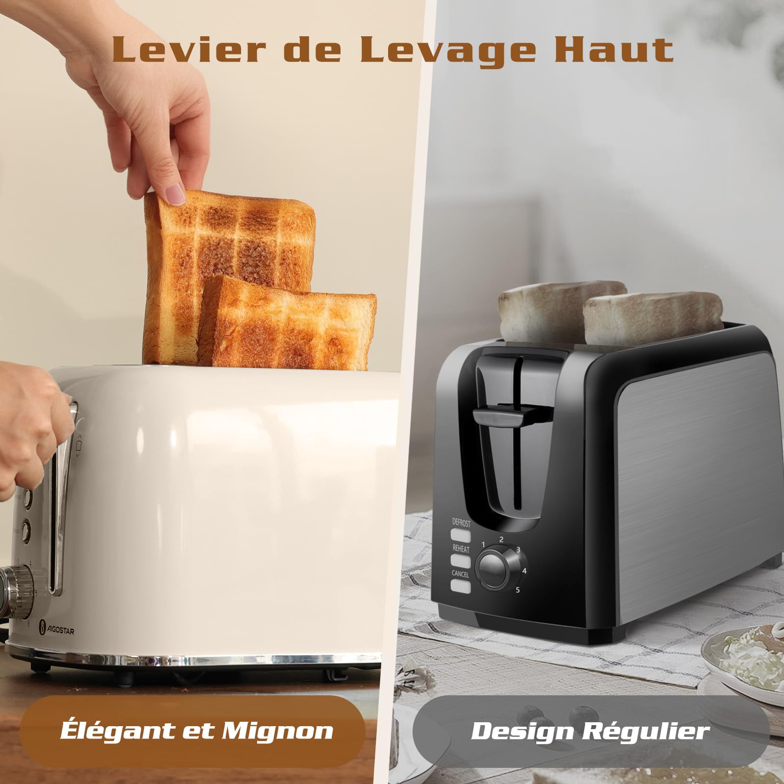 Aigostar Grille Pain, 2 Fentes Extra-Larges, Vintage Inox Crème, 6 Niveaux de Dorage, Fonction Bagel/Décongélation/Réchauffage/Annulation, Tiroir Ramasse-Miettes Amovible, 800W. Cream