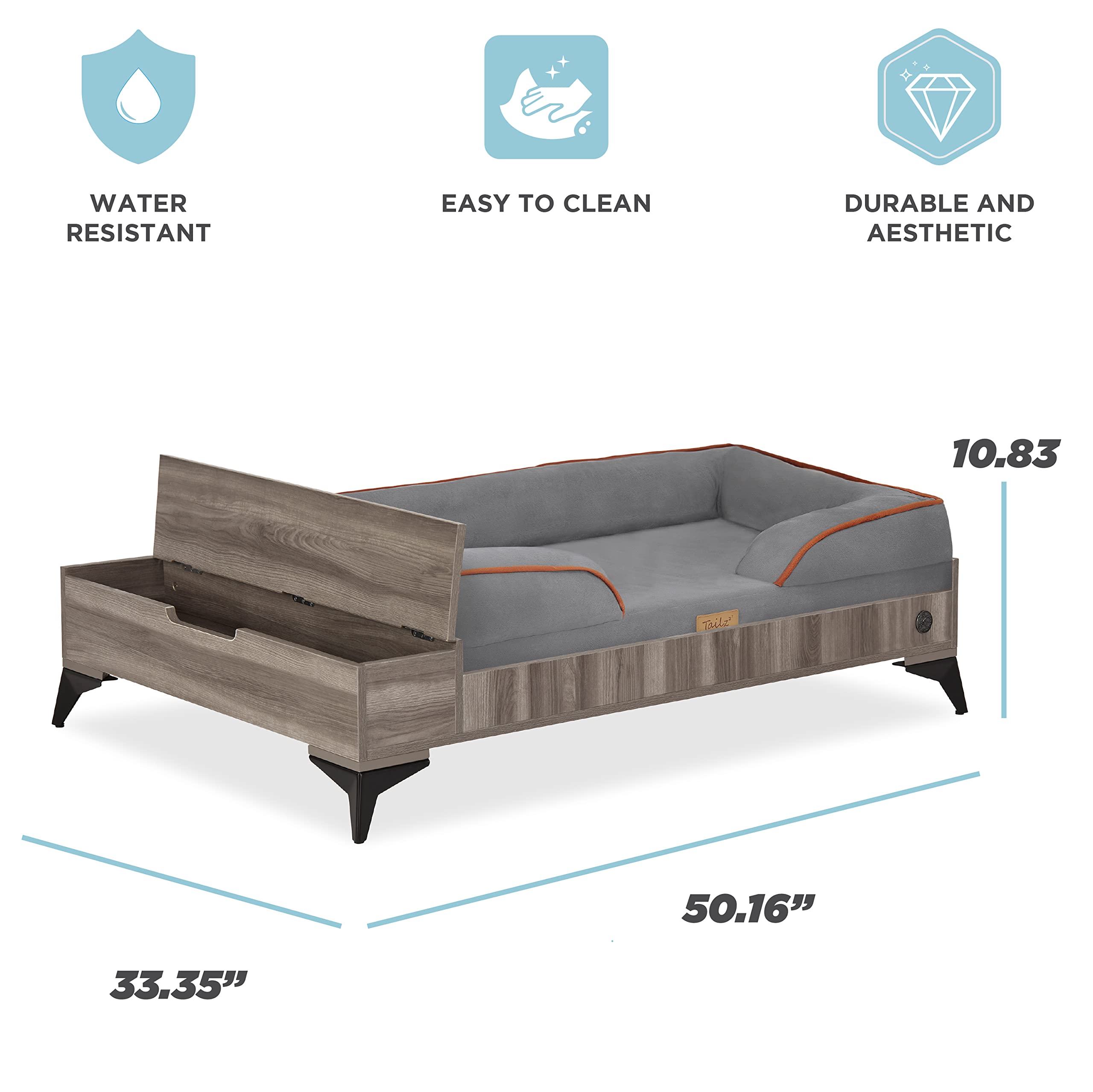 TailZzz Wooden Dog Bed with Mattress, Large to Extra Large Water-Resistant Elevated Pet Bed, Wooden Pet Bed with Storage, Greenguard Gold Certified, Machine Washable, Smokey Grey, Wyatt