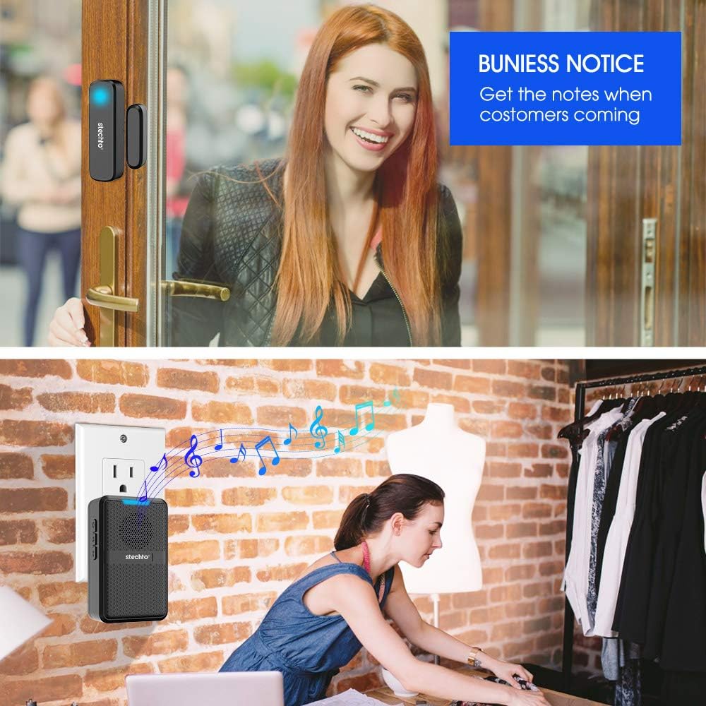 Wireless Door Chime, 600ft Range 2 Magnetic Door Alarm Sensor 1 DoorBell Plugin Receiver Set with 62 Tunes 5 Adjustable Volumns for Business/Home/Office/Stores,STECHRO (1 Receiver+2 Sensors)