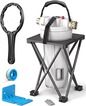 4-Layer Filtration RV Water Filter with Cartridge Inspection Window | Replaceable Filter, Anti-Tip Stand, Metal-to-Metal Threads, Removes Chlorine, PFAS, Heavy Metals, VOCs, Bad Taste, and Odor