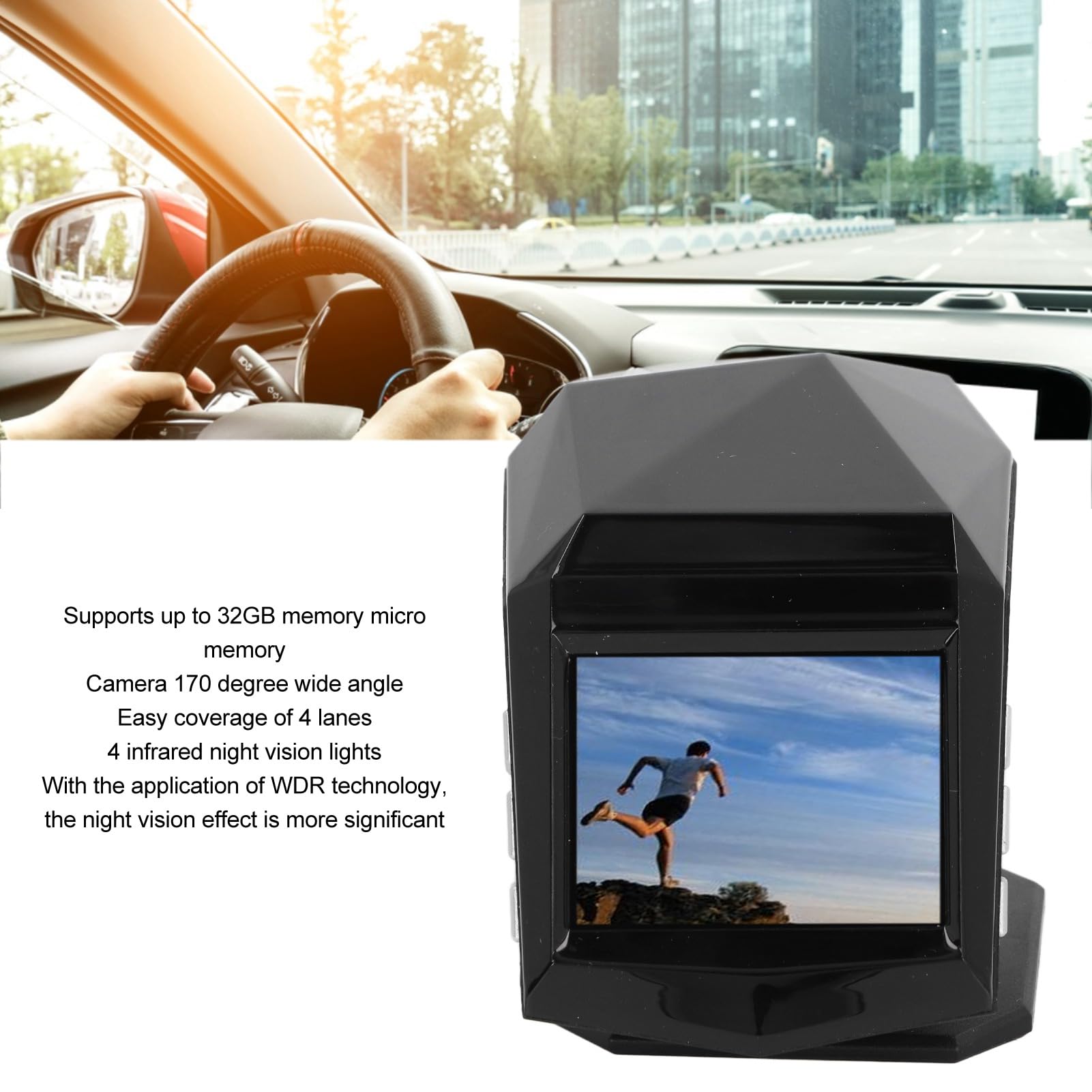 Dash Cam HD, Telecamera da Cruscotto da 2 Pollici con Grandangolo da 170°, Visione Notturna, Monitor di Parcheggio 24 Ore su 24, Registrazione in Loop, Rilevamento del Movimento