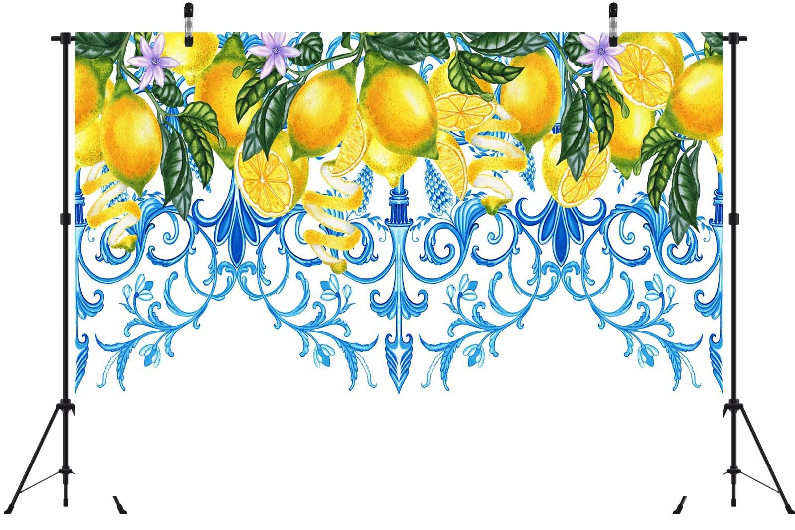 BELECO 3x2.5m Fotohintergrund Stoff Blaue Fliesen Zitrone Sizilianische Majolika Aquarell Zitronen Mittelmeer Hintergrund Sommer Party Banner Fotostudio Zubehör