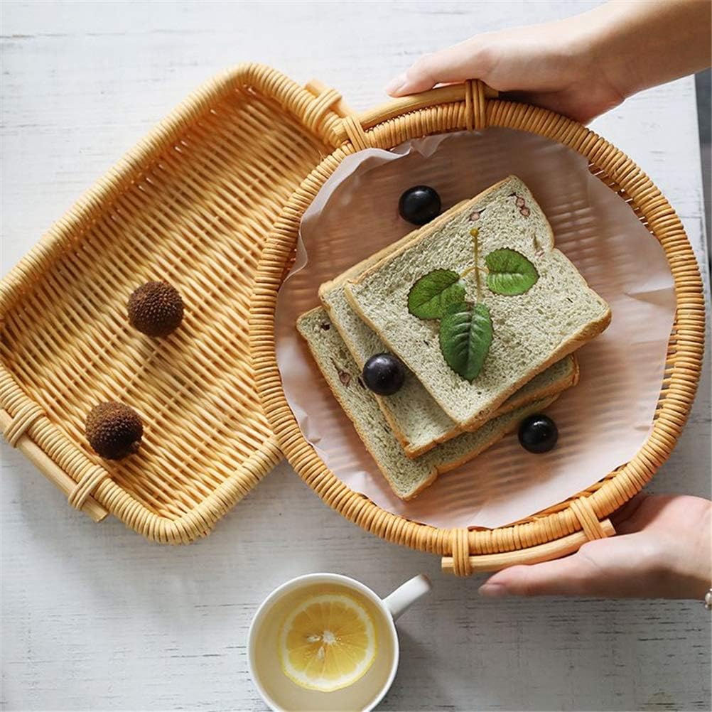 Rattan Storage Tray Woven Picnic Basket Bread Fruit Snack Portable Storage Basket Display Desktop Tray with Handle (Color : B) (A)