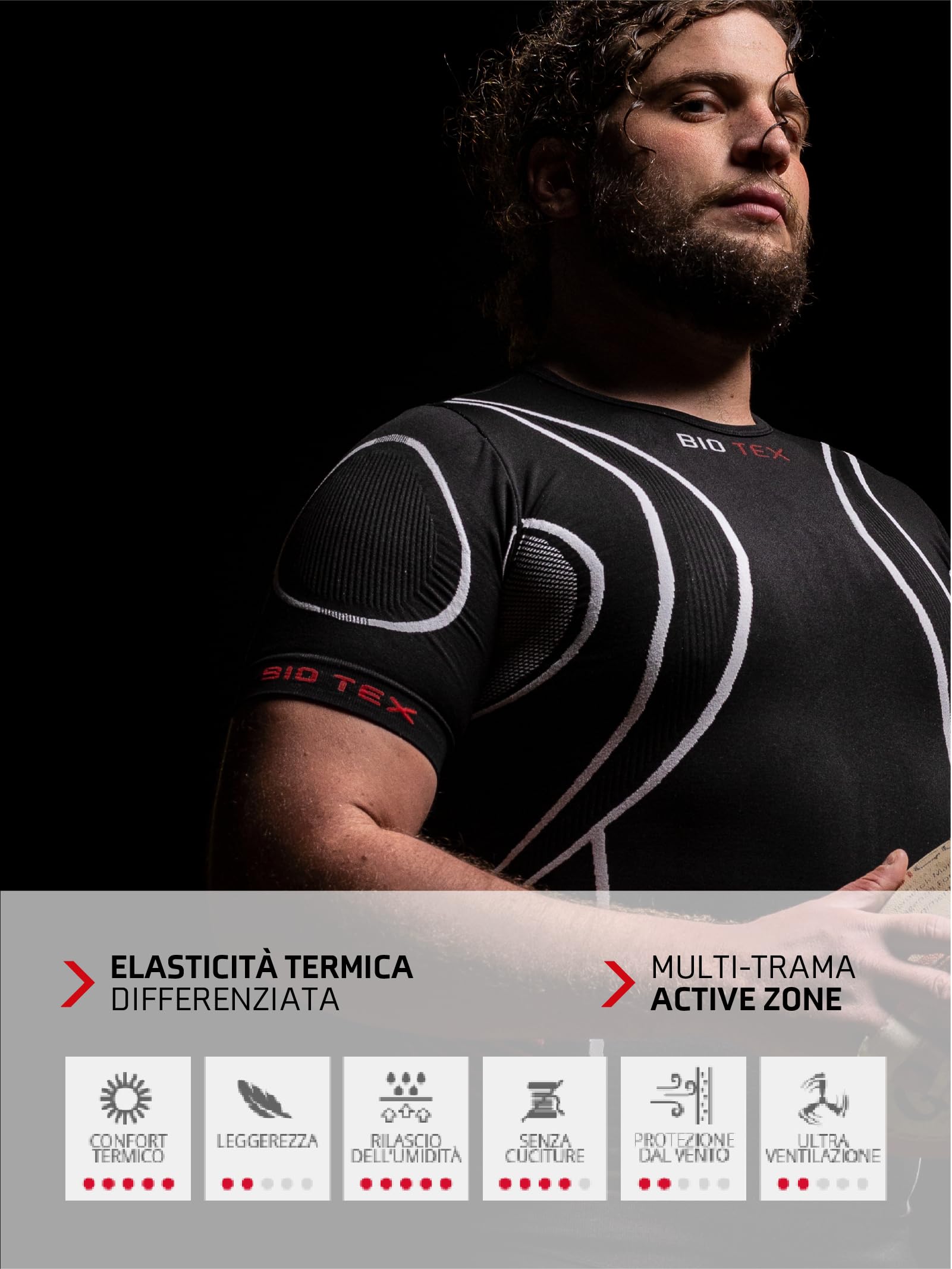 BIOTEX T-Shirt Hightech per Ciclismo e Running, Intimo Tecnico Sportivo, Maglia Termica con 4 Zone di Compressione, Nero