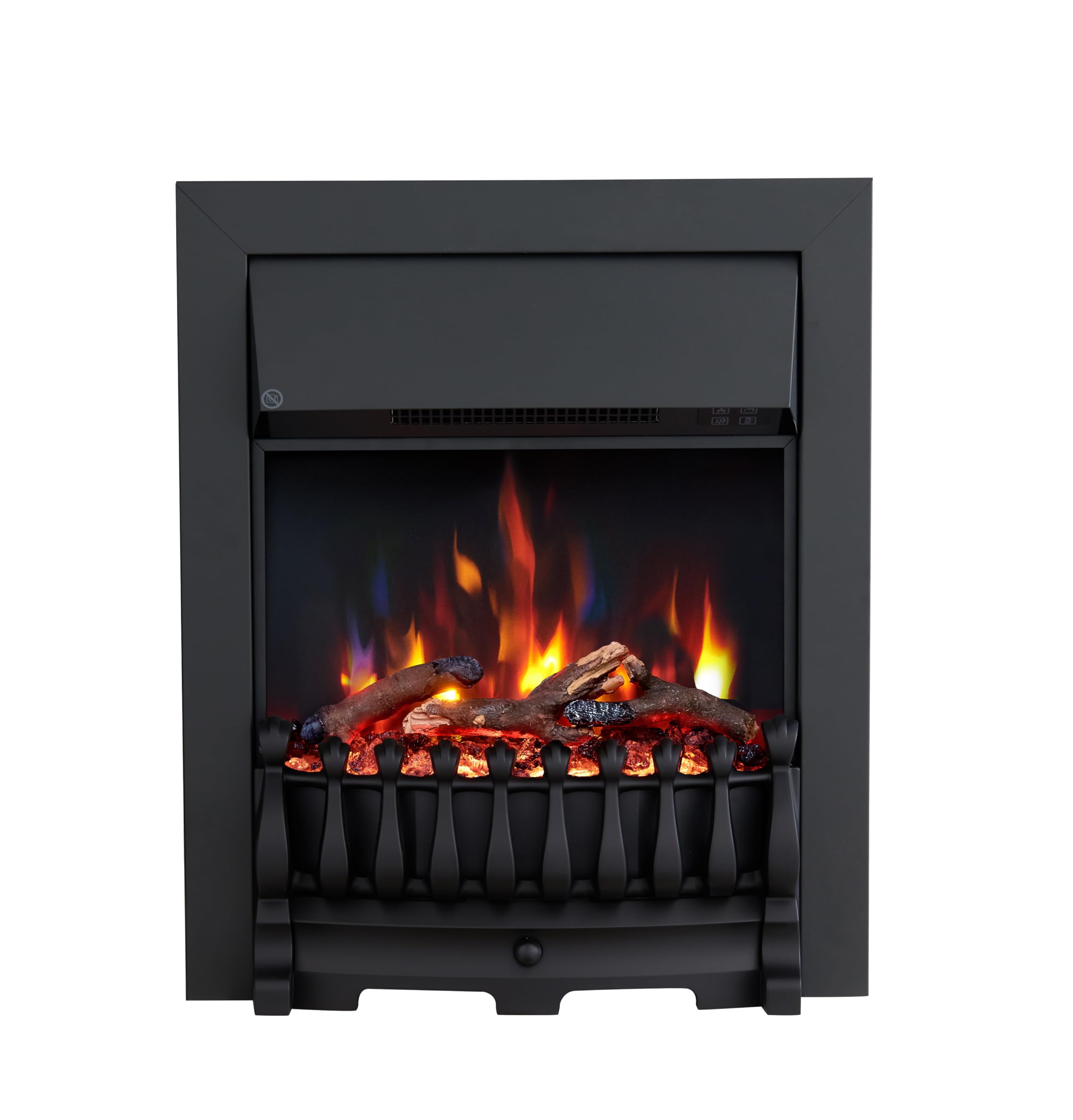 Flameko Black Verona 16" Electric Fireplace Insert, Logs And Chips Included 2Kw Heater, Trim, Blenheim Fret, 9 Colour Flame Effect, Remote