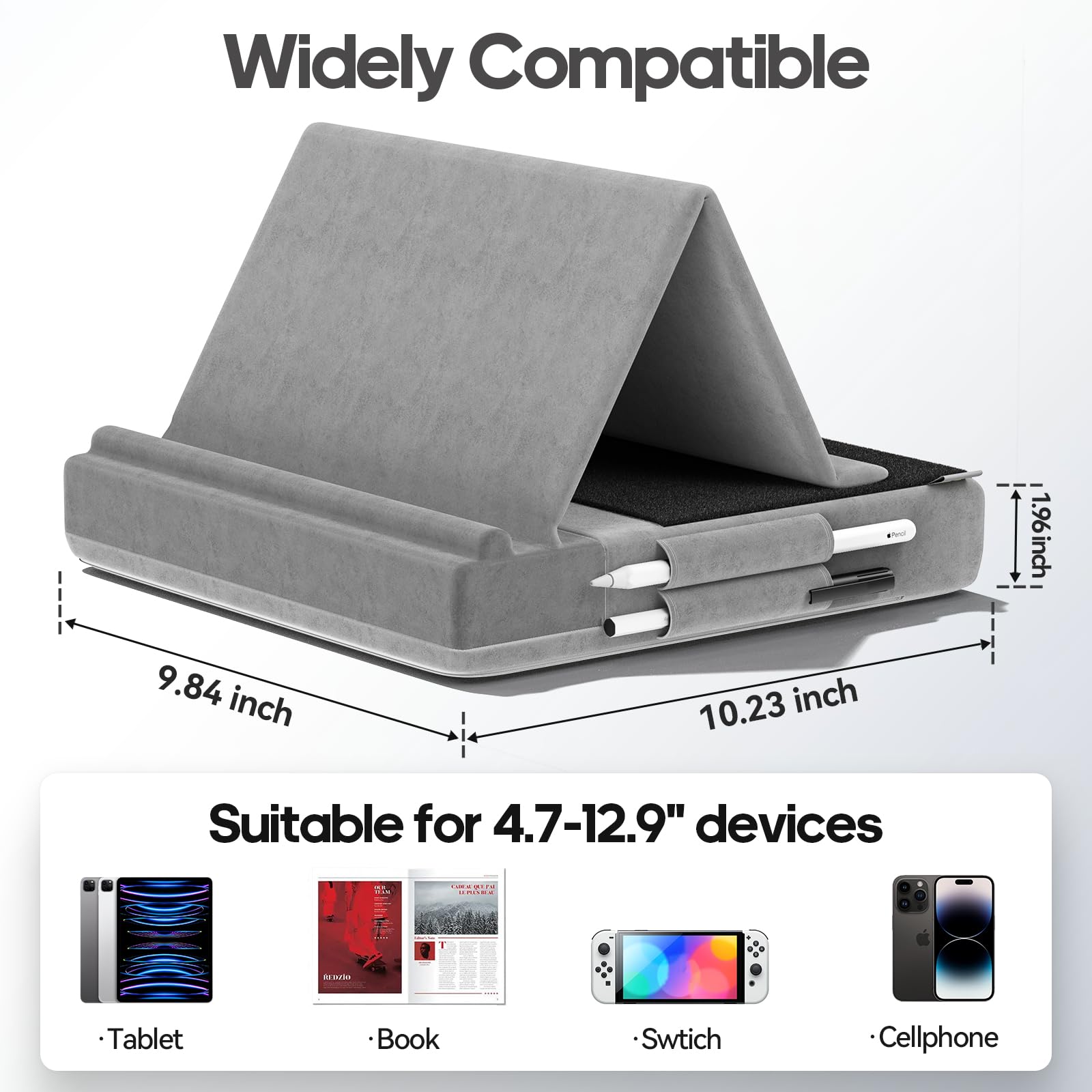 KDD Cuscino Supporto Multiangolare per iPad Tablet con Porta Stilo, Compatibile con iPad Pro 12.9 Mini Telefoni Libri Grigio
