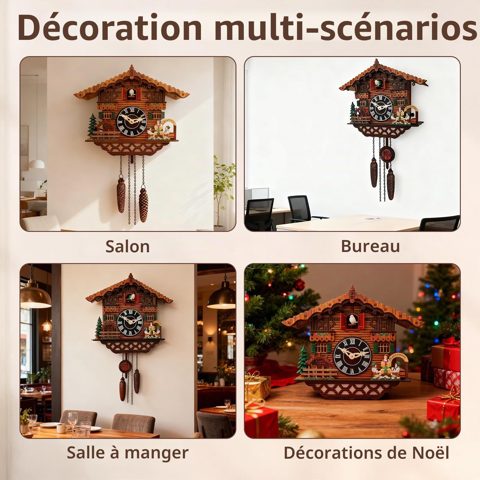 Horloge à coucou faite à la main en bois avec oiseau fonctionnel, horloge murale avec contrôle du volume, horloge murale à quartz traditionnelle, ancienne, décoration pour salon, cuisine