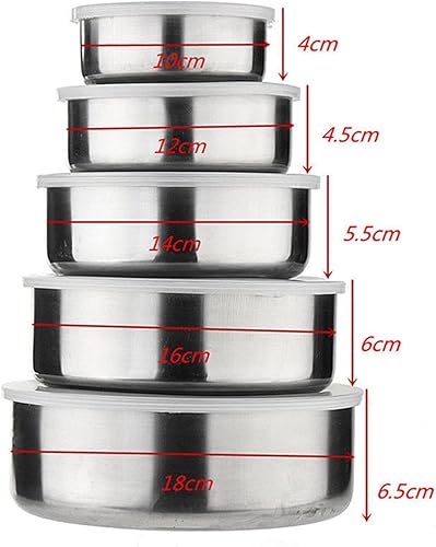 Miniatura 5 de Tazones para mezclar con tapas, 5 cuencos de mezcla profundos para almacenamiento de cocina, juego de cuencos de acero inoxidable plateado, tazón