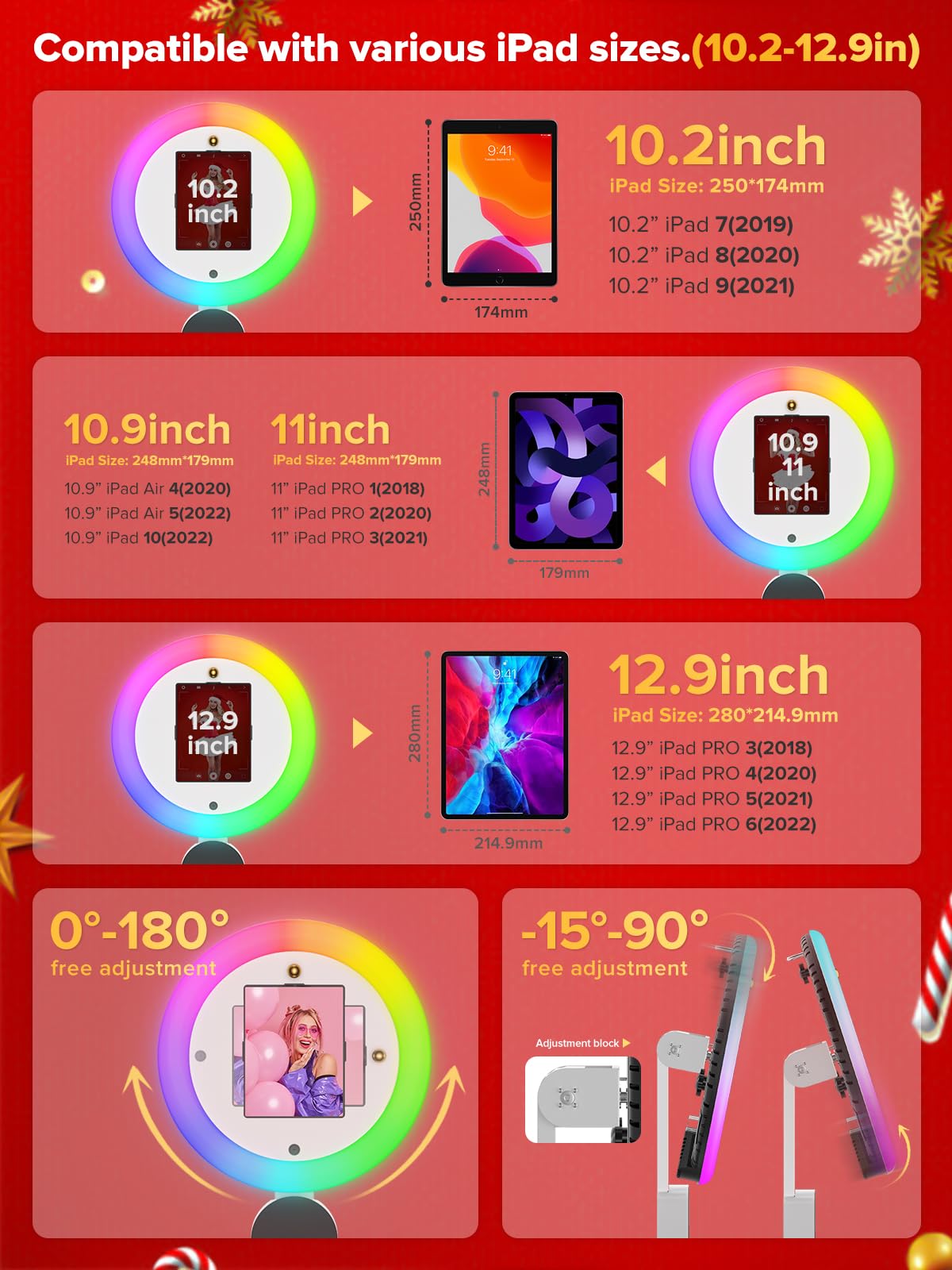 Máquina portátil de fotomatón con anillo de luz RGB de 22 pulgadas, estación de selfie portátil para fiestas y bodas, se adapta a modelos de iPad de 10.2/10.5/10.9/11/12.9/13 pulgadas (Pro/Air/Mini