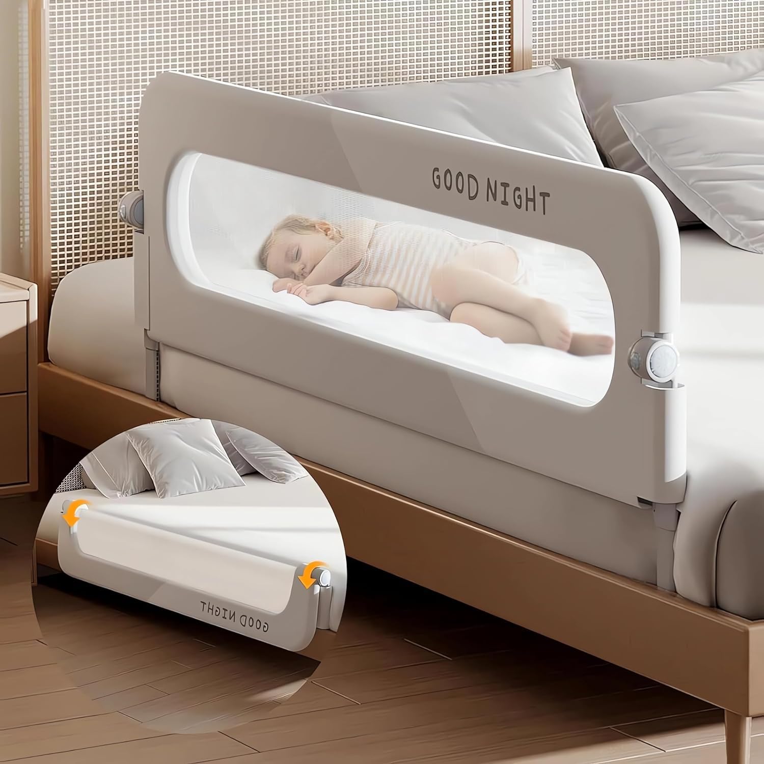 OYDAS Bed rail guard for kids, button folding crib bed rails guard,toddler safety protection guard,folding anti-fall beds Mesh guard rail,180 °Button Folding,2 Speed Adjustment,for Baby,Elderly,1.5m