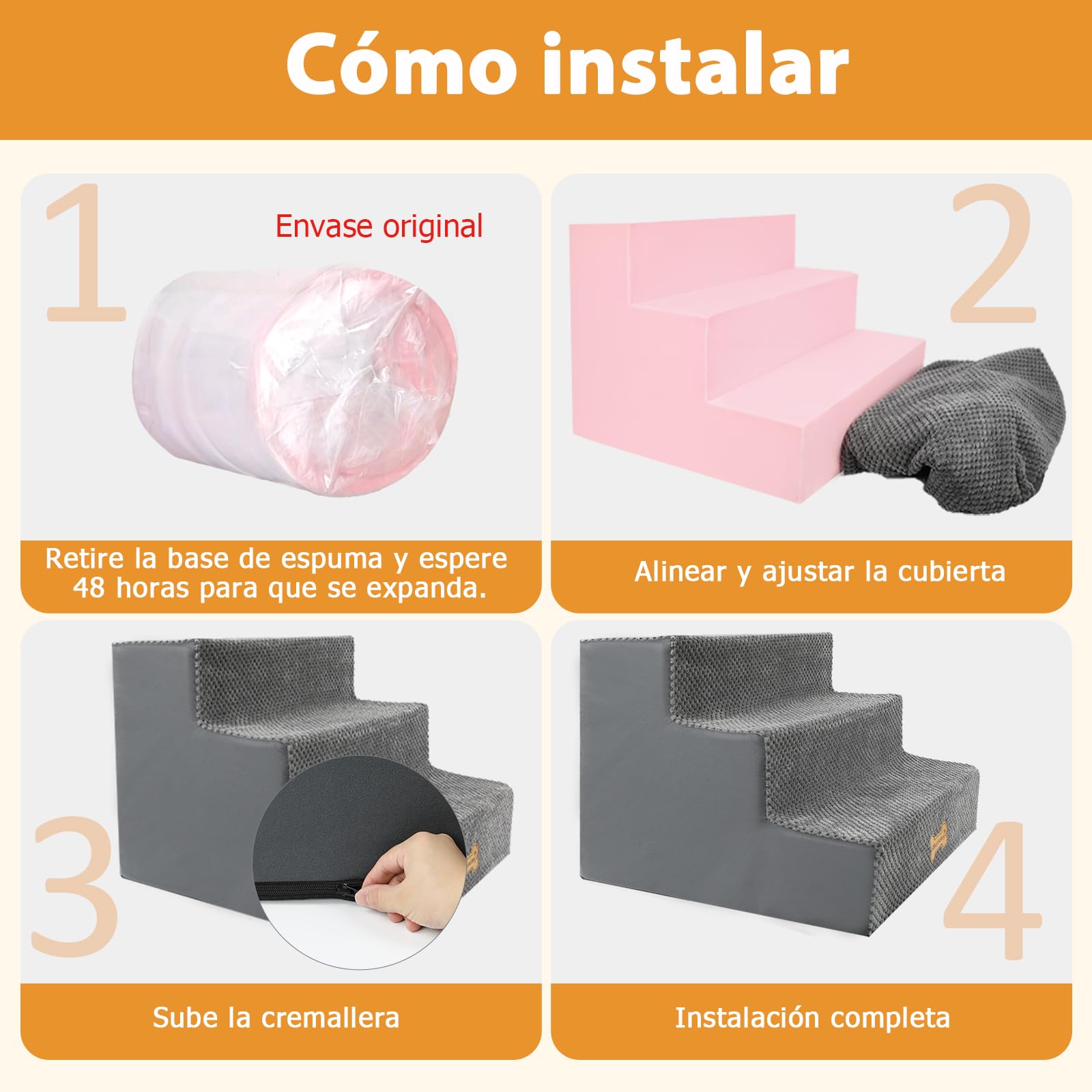 Nepfaivy Scaletta per Cani - Scala per Cani e Gatti per Salire sul Letto, Gradini con Copertura Rimovibile e Lavabile, Grigio, 45x40x34cm