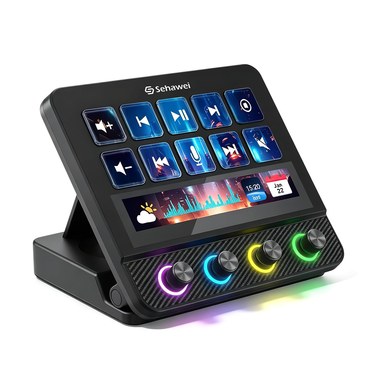 Sehawei Stream Controller Deck,Controlador de estudio, funciona en Mac y PC | 10 teclas macro,4 Customized knobs,Touch screen,activa acciones en apps y software como OBS, Twitch, YouTube y otros