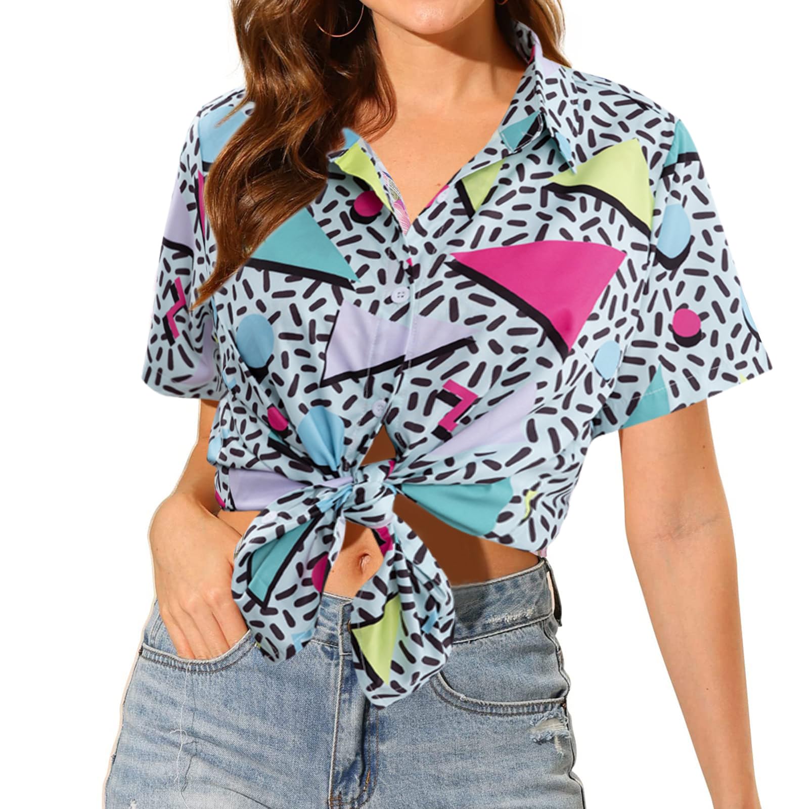 Atuendo de los años 80 y 90 para mujer, estilo retro de los años 80 y 90, camisa de discoteca, camisa hawaiana con botones, blusa de manga corta con botones, Verde claro, M