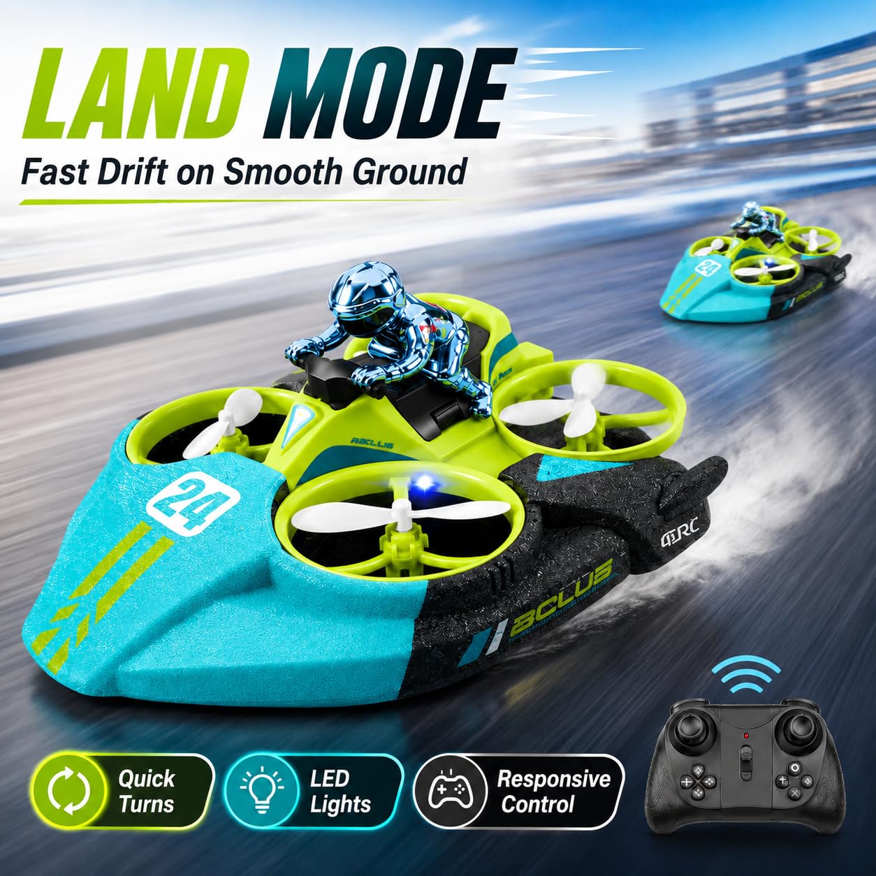 Drone RC 3 in 1 per Bambini, Hovercraft Remoto (Vert)