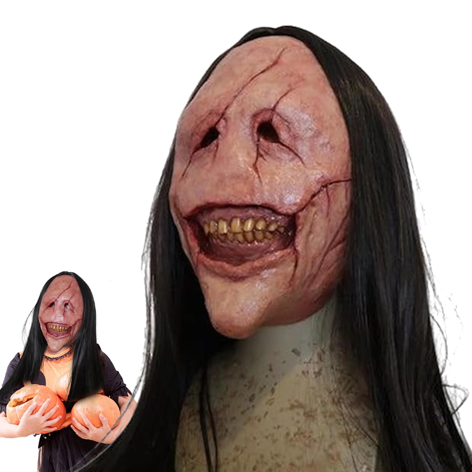 Horror Demon Masque | Children Cosplay Headwear - Halloween Evil Face Cover with Long Hair and Teeth for Role Play Party Haunted Houses Boys Girls Home Outdoor Stage