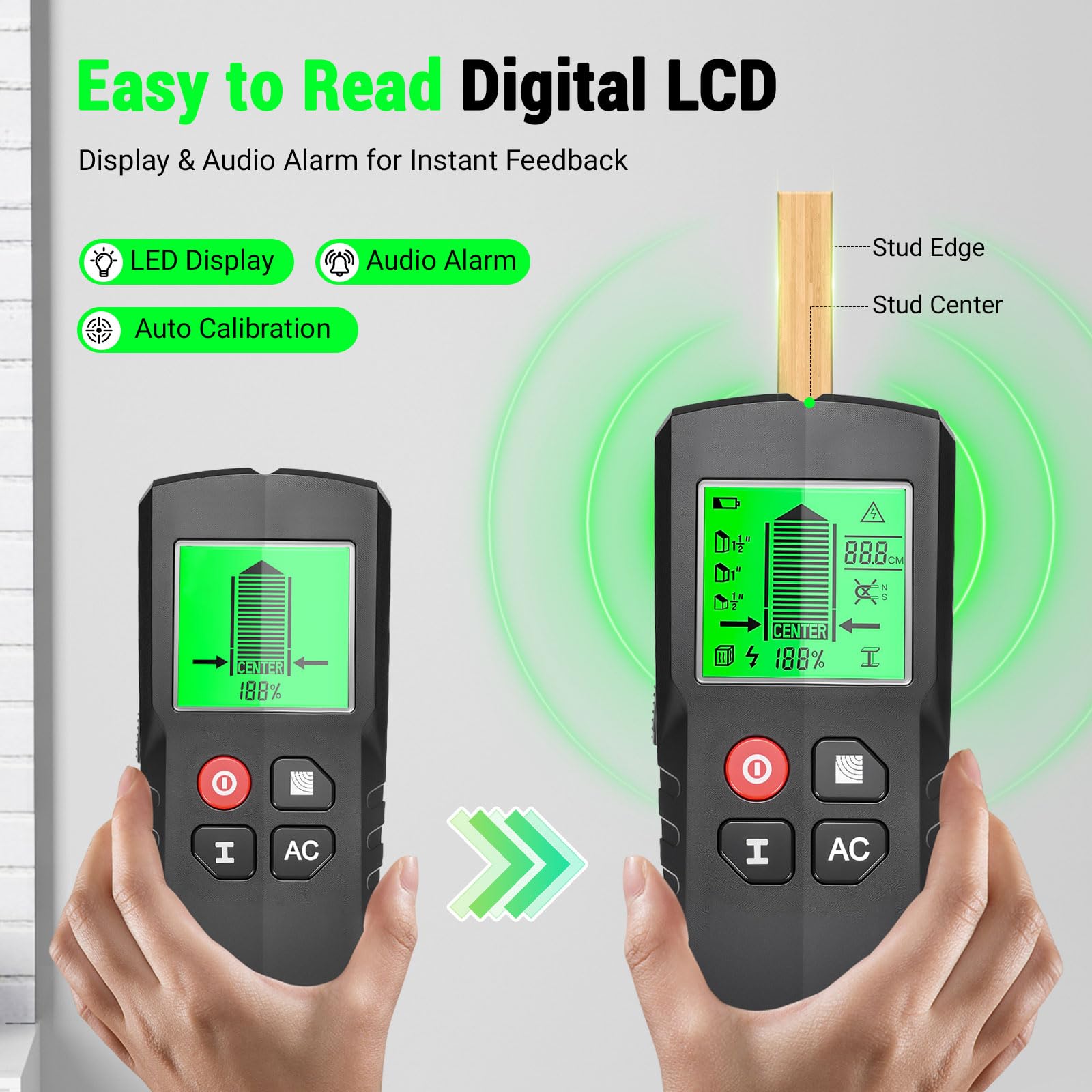 Leitungssuchgerät 5 in 1 Ortungsgerät mit Smart Chip & HD-LCD, Kabelfinder Leitungsfinder für Stromleitungen, Holz, Eisenmetalle und Wechselstromkabel, Wandscanner Detektor mit akustischer Warnung