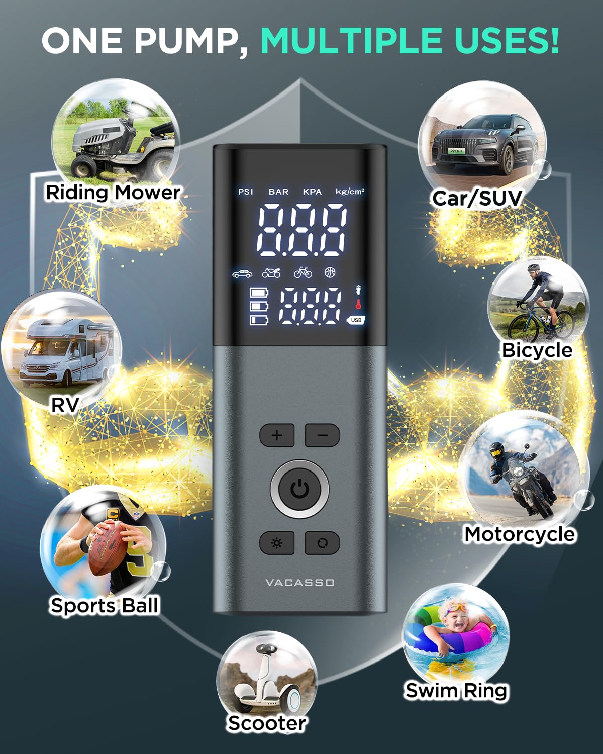 Reifenfüller Tragbarer Luftkompressor, 5X Schnelleres Aufpumpen Taschenluftpumpe für Autoreifen, Kabellose Reifenpumpe für Auto, SUV, Motorrad, Fahrrad, Bälle mit LED-Manometer, Grau