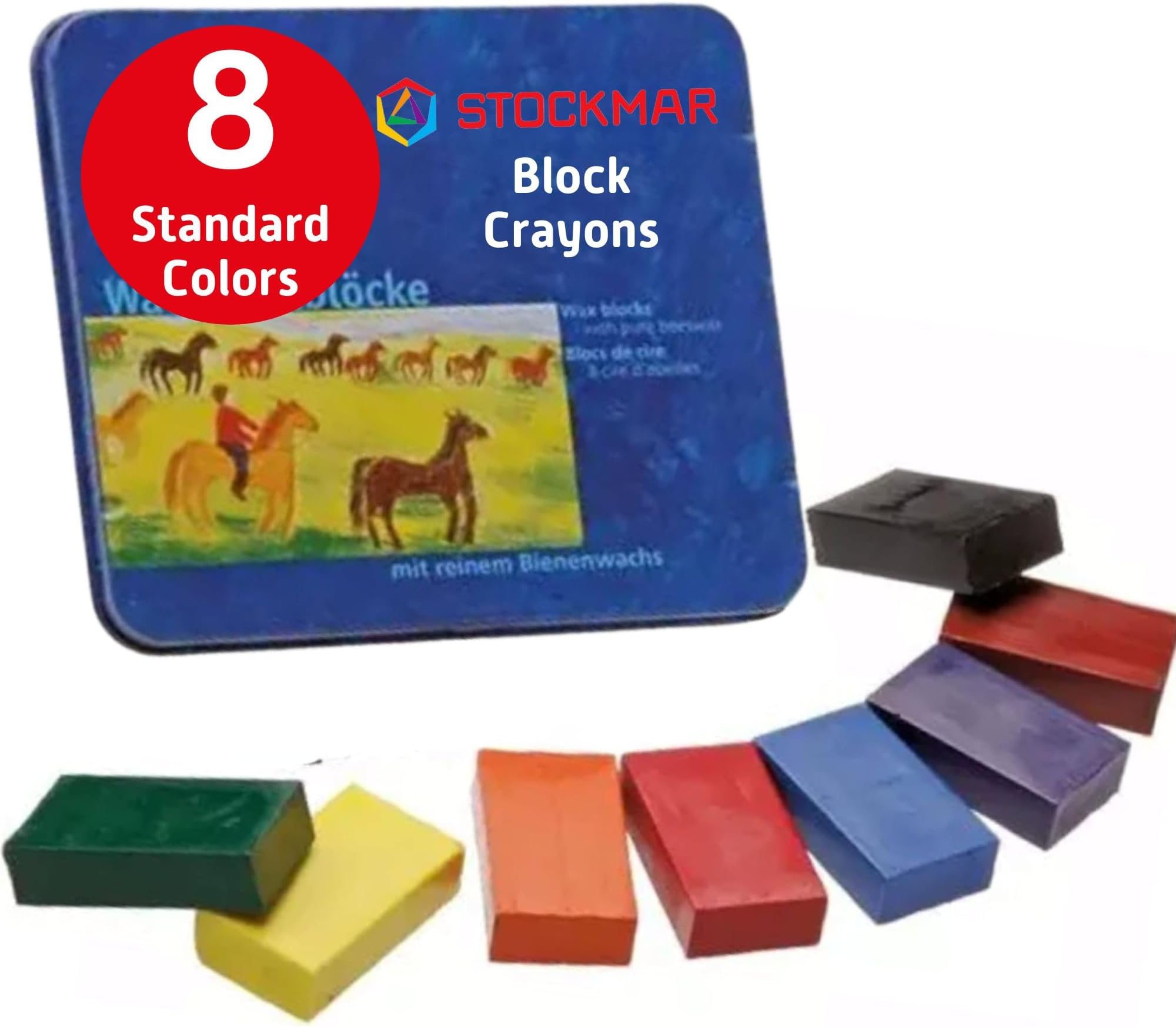 Stockmer 61005 Beeswax Crayons, 8 Color Blocks, Tin