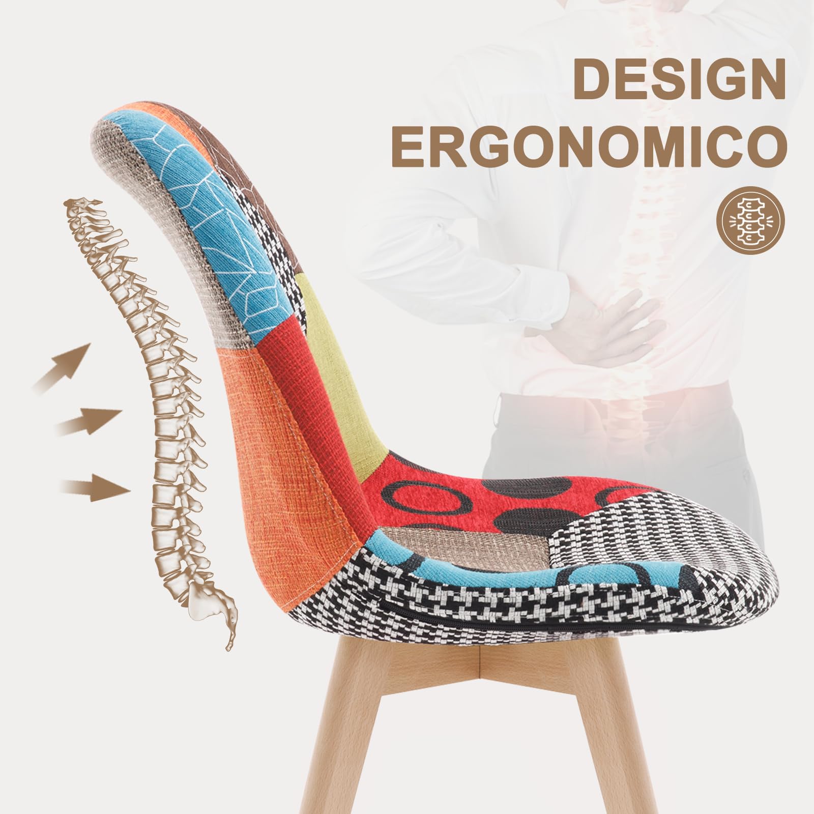WOLTU Set di 2 sedie da pranzo Sedia da Scrivania con Schienale Rivestito in Tessuto di Lino Patchwork Gambe Legno Moderno