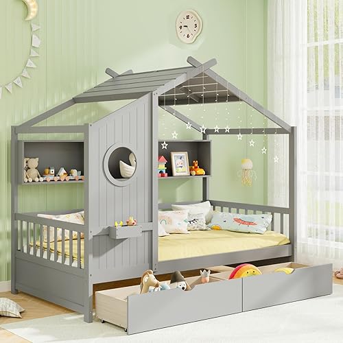 Miniatura 32 de KOMFOTT Cama individual con nido, marco de cama de plataforma de madera maciza, cama para niños con techo para niñas y niños, no necesita somier,