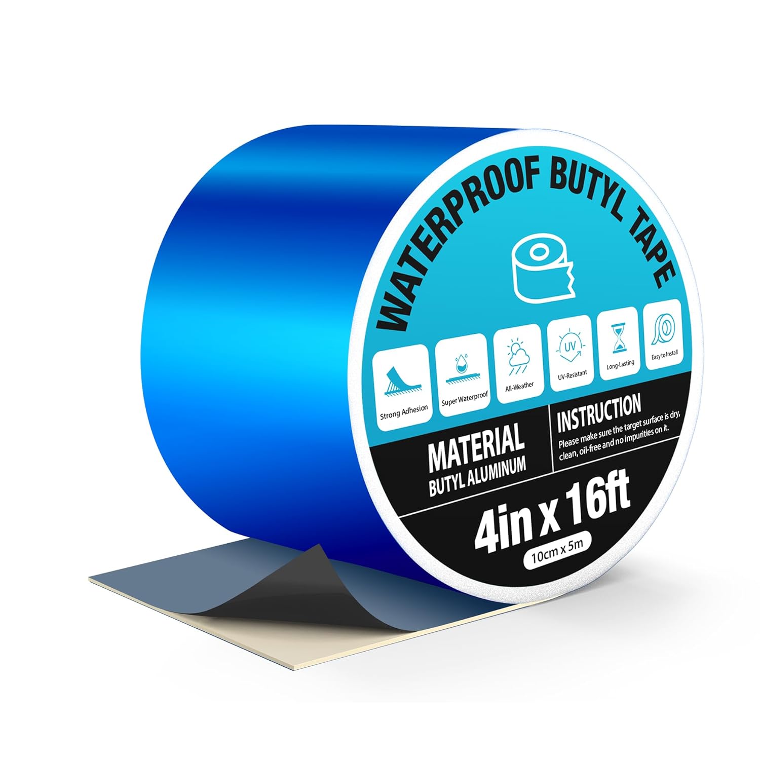 Blue Waterproof Tape 2in x 16ft, Super Sticky Outdoor Repair Butyl Tape for Pool Cover, Metal Roof Crack Sealing, Boat, RV Awning, Leak Proof Patch
