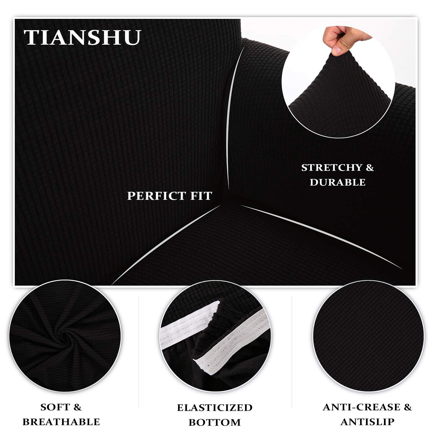 TIANSHU Fodera per Poltrona, Copri Poltrona 3 Posti Elasticizzato Jacquard Antiscivolo Copertura Poltrona Fodere Copridivani Contiene 1 copridivano e 1 coprisedile divano (3 Posti, Nero)