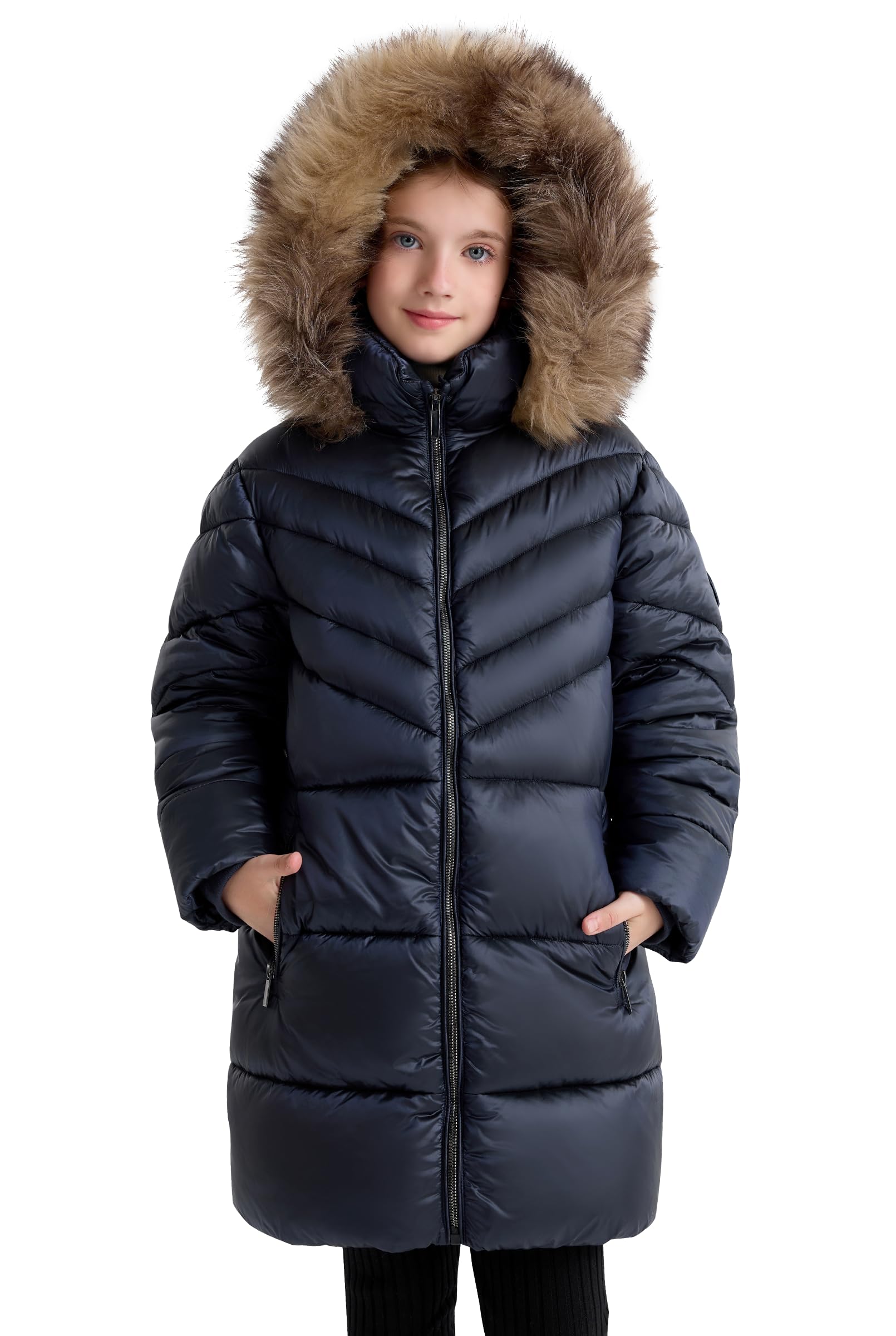 SOLOCOTE Abrigo de invierno acolchado para niñas con capucha de piel sintética, forrado de sherpa, parka resistente al agua y de gran peso