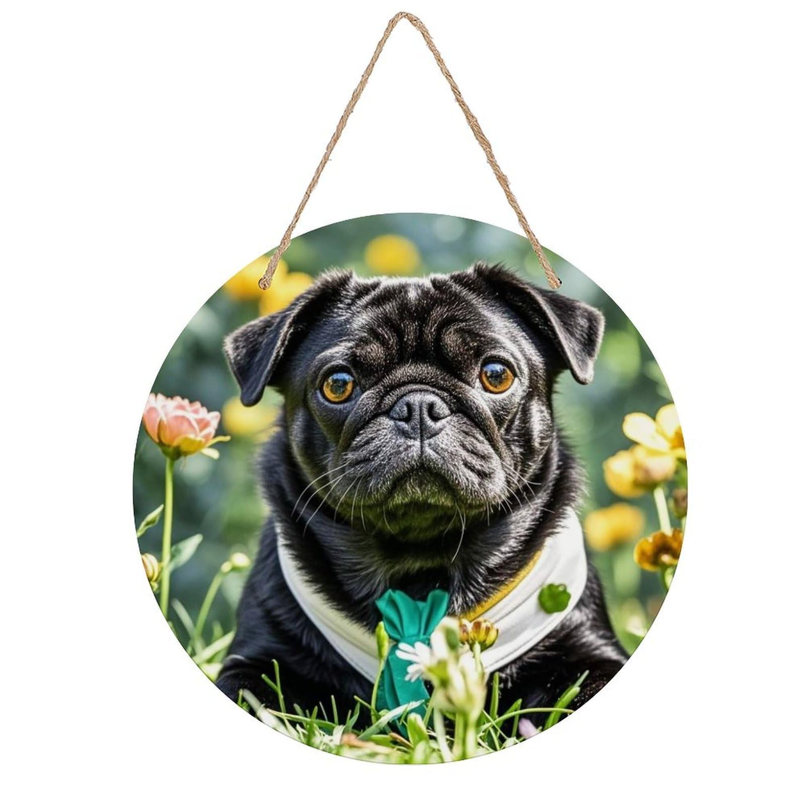 Cute Black Pug Dog Round Wooden Ornaments Unique Wood Decorative Paintings for Christmas Retro-Style Wooden Door Hanger for Crafts Home Holiday Decor Bar 7.87 Inch
