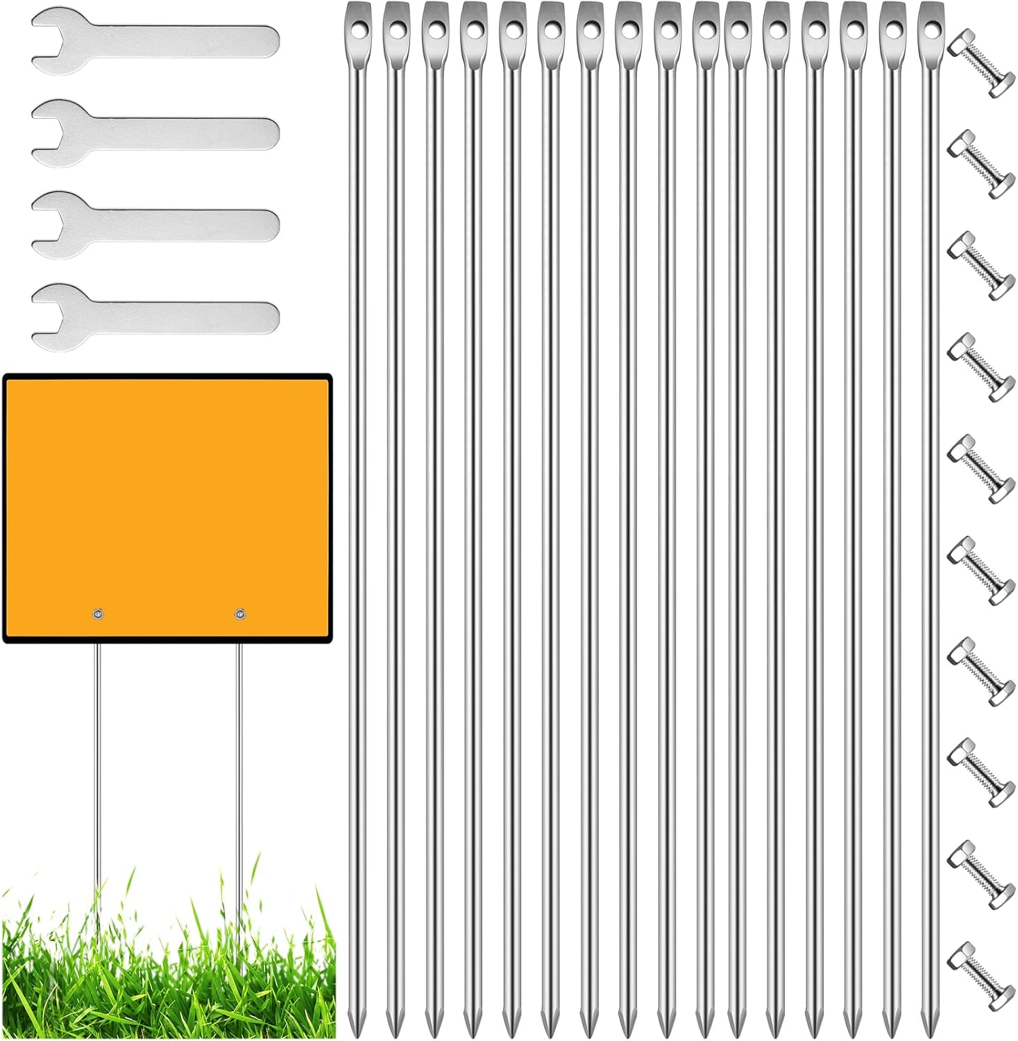 Therwen 20 Pack Yard Sign Stakes 12" Long 0.3" Thick Metal Sign Stakes with Screw Wrench Galvanized on Lawn Ground Hardware Included Not Rust or Bend