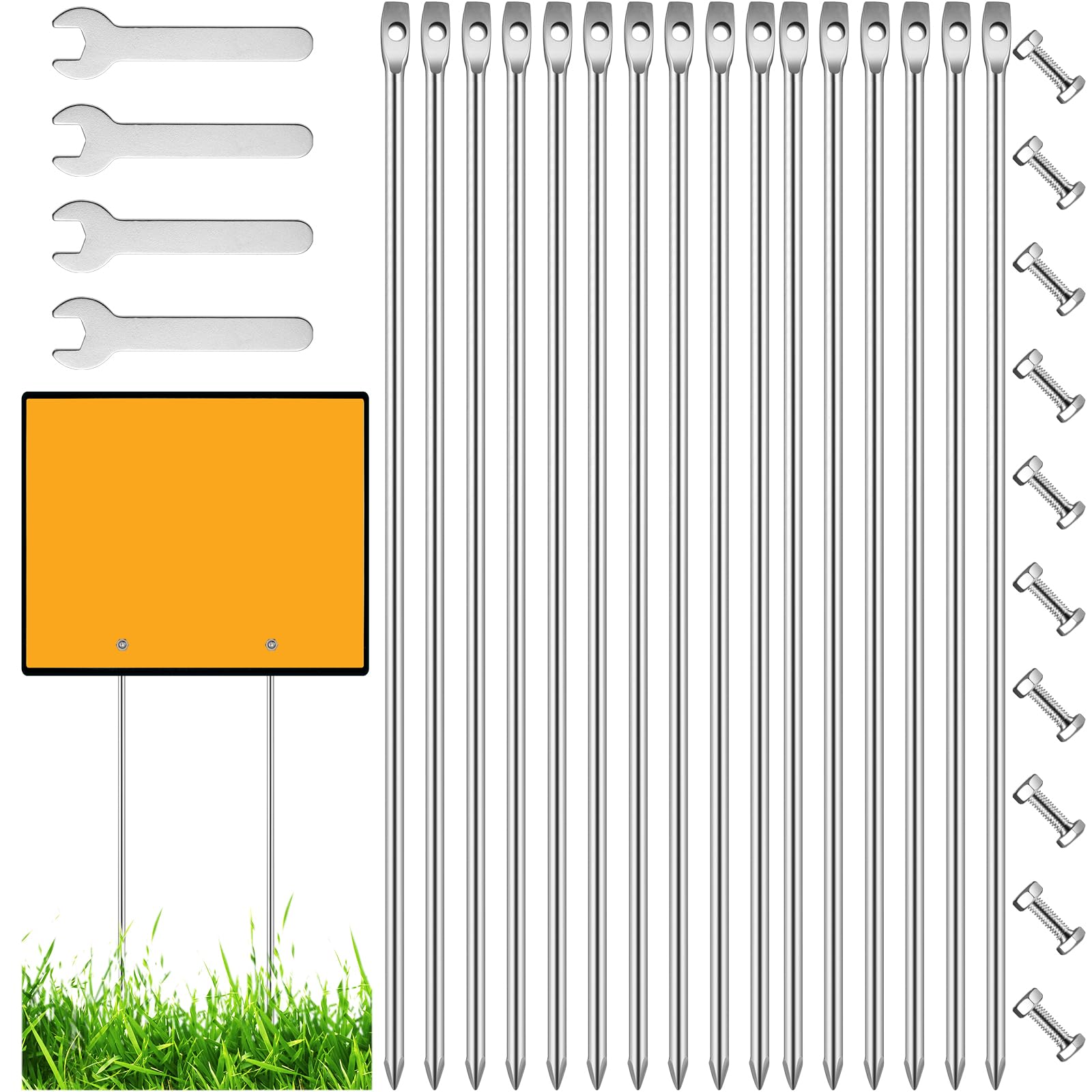 Therwen 20 estacas para letreros de patio con tornillo y llave, estacas para letreros de patio, estacas de metal galvanizado de 12 pulgadas para carteles en césped, estacas para accesorios de tierra