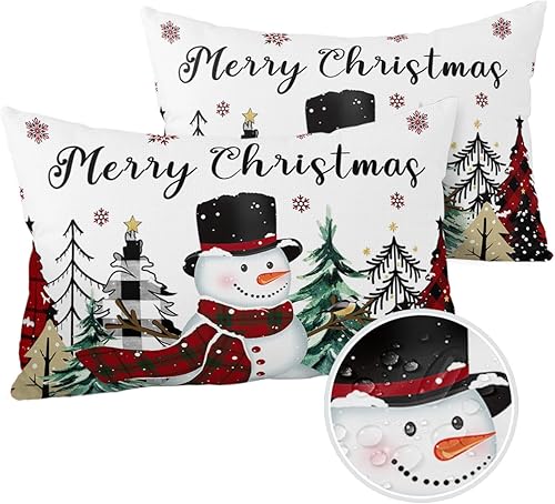 Miniatura 8 de Edwiinsa Outdoor Pillow Covers Waterproof, Red Snowman All Weather Cushion Case Set of 2, Christmas Buffalo Gree Tree Snowflake Decorative