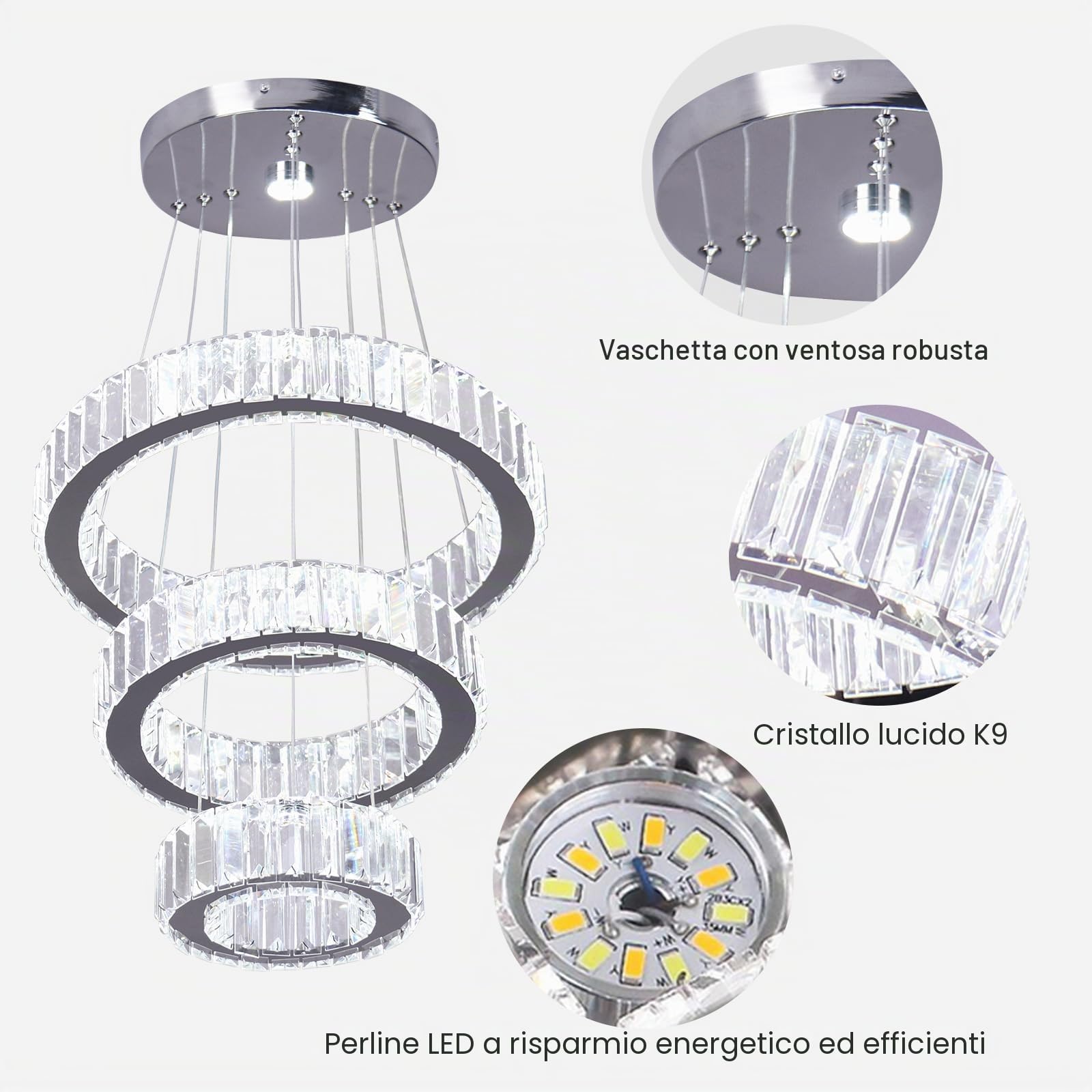 FRIXCHUR Lampadario in cristallo a 3 anelli da soffitto a LED per soffitto alto, lampadario da appendere per camera da letto, sala da pranzo, soggiorno (6500 K) bianco freddo