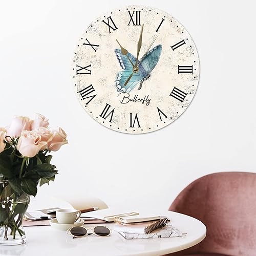 Miniatura 5 de Reloj de madera de mariposa antigua, reloj de pared redondo de 15 pulgadas, funciona con pilas, silencioso sin tictac, reloj de pared colgante para