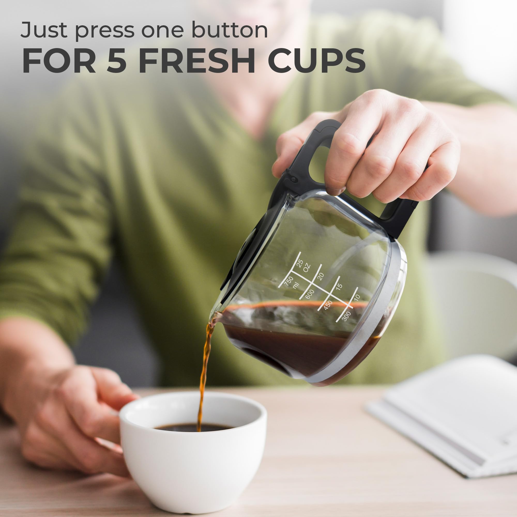 Kaffè Cafetera (750 ml) – Función de mantener caliente, lavable y filtro de cesta extraíble – Compatible con filtros tamaño 2 para verter sobre café – Tanque de agua de fácil visión – Negro mate