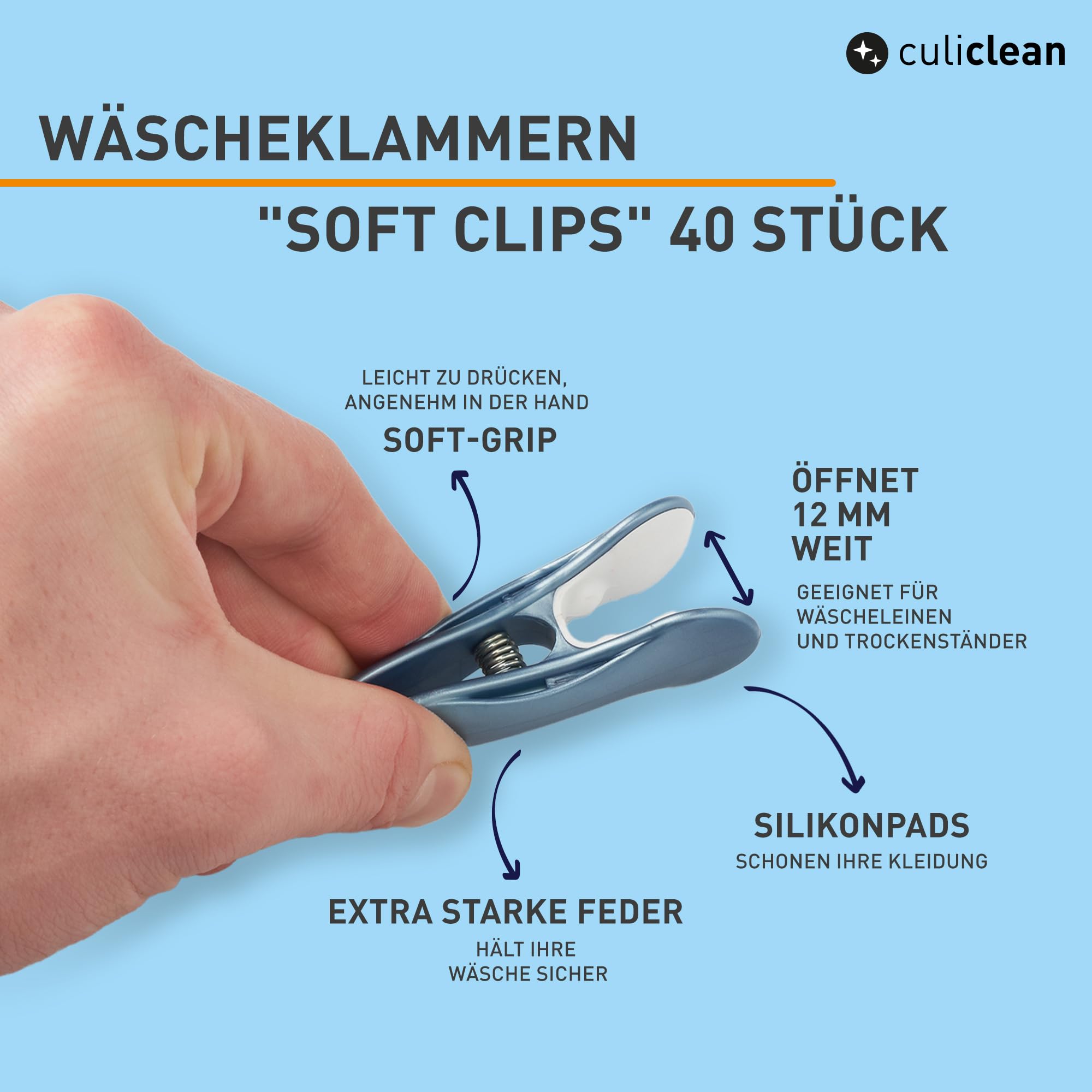 culiclean Wäscheklammern ohne Abdruck, SoftClip, 40x, blau-gelb-grün-rosa | Wäscheklammer SoftClip, stabile Kluppen mit Softgrip, 70 mm, bruchsicher & windfest, UV-beständig, BPA-frei, Made in France