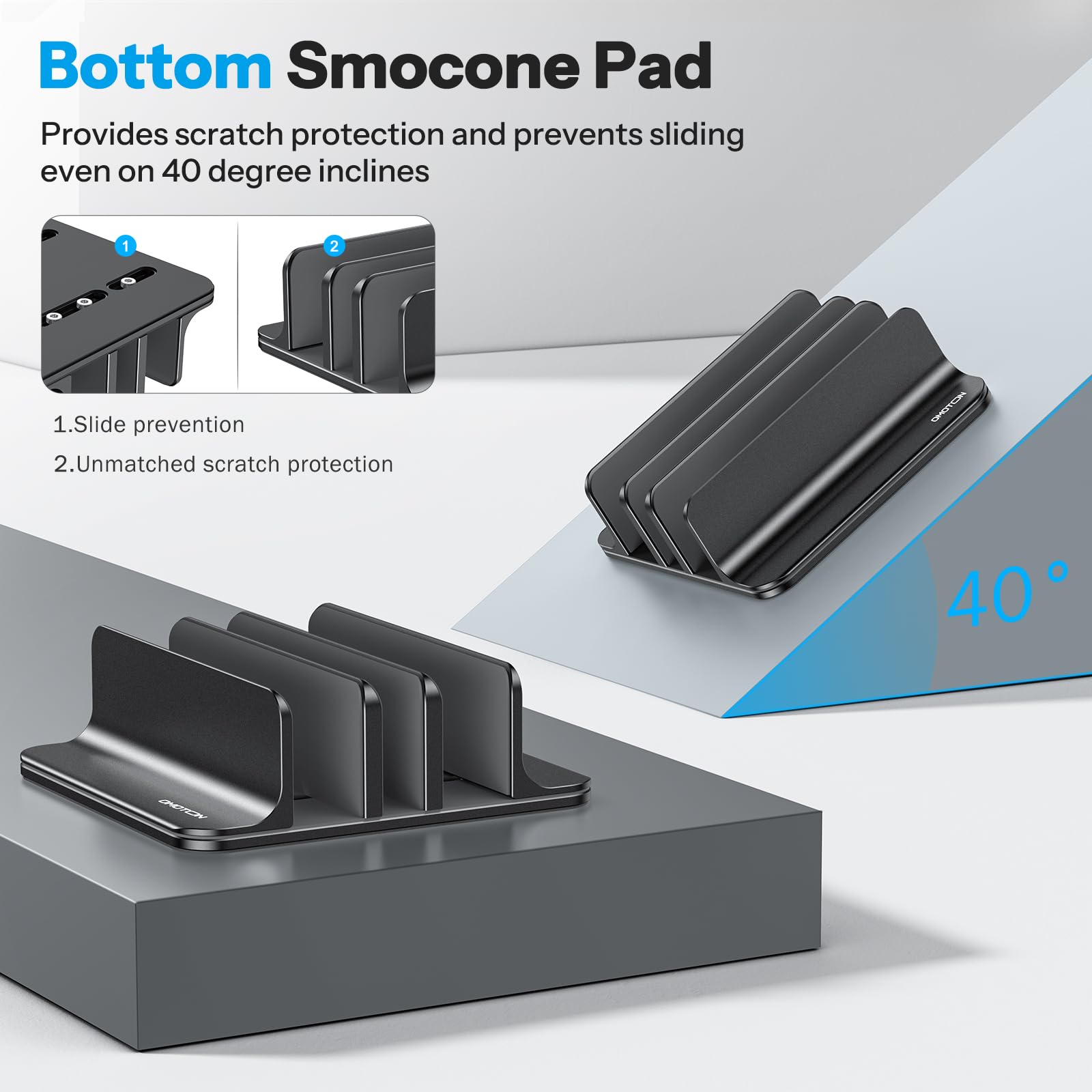 OMOTON Soporte vertical para laptop de 3 ranuras, soporte de aluminio de escritorio para MacBook con tamaño de base ajustable, se adapta a todos los MacBook, Surface, Chromebook y portátiles de juegos