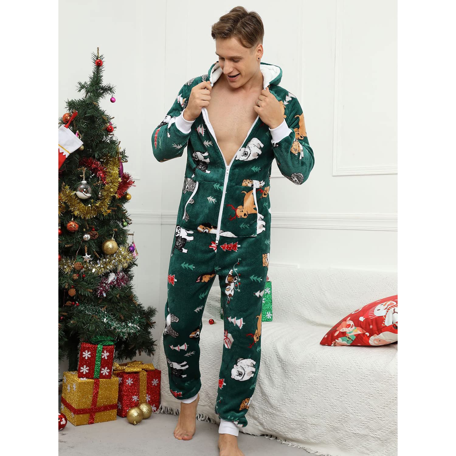 Pijama Navidad Una Pieza Hombre Franela Pijamas Mono Entero con Capucha Manga Larga Invierno Calentito Jumpsuit Adulto Onesie Ropa de Casa Dormir Verde XL