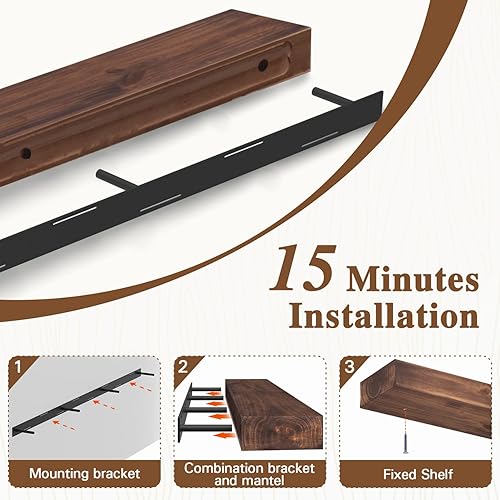 Miniatura 4 de Eshoma Repisa para chimenea, 72 pulgadas, hecha a mano, con soporte de metal resistente invisible, estante flotante, marrón oscuro