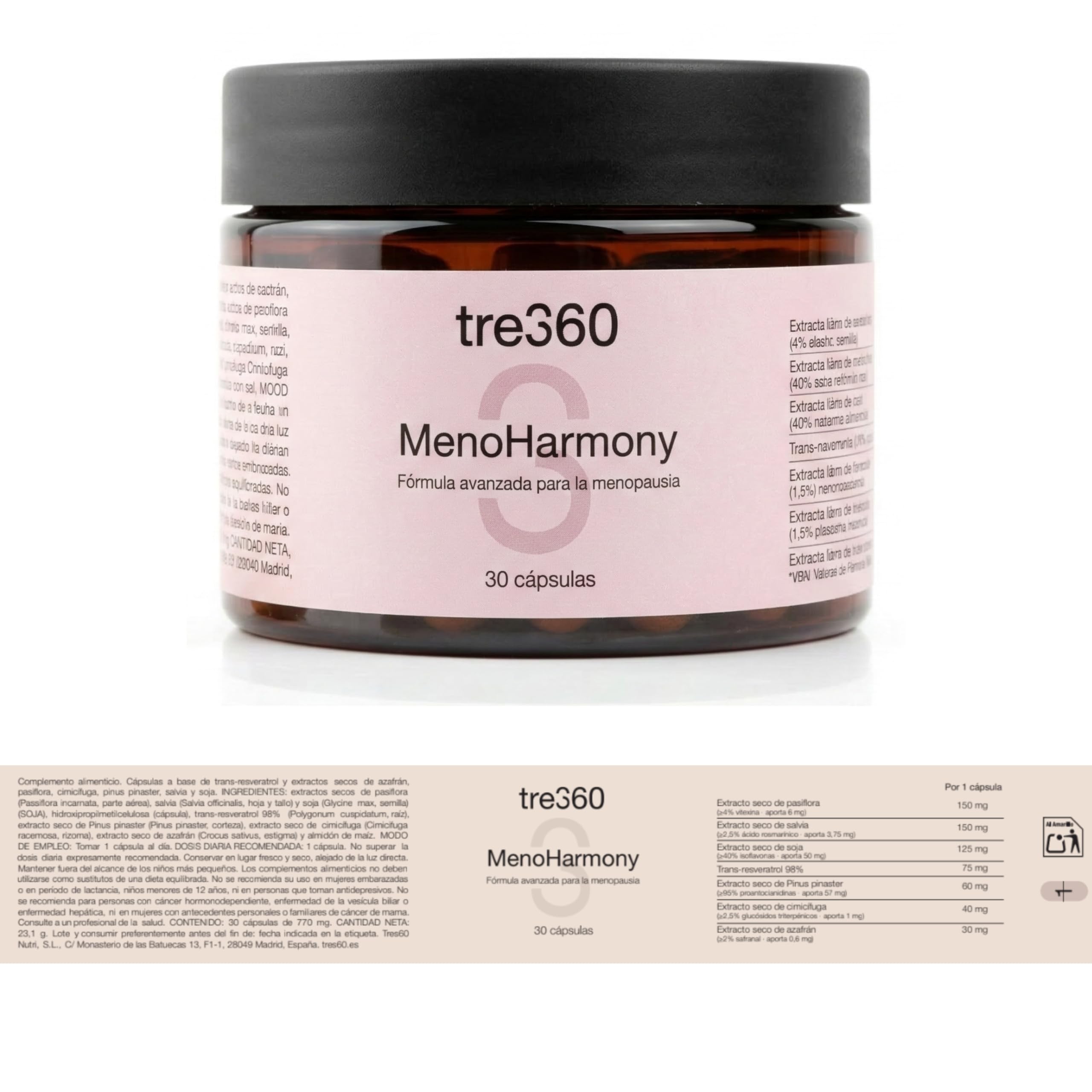 Tres60 - MenoHarmony - 30 Cápsulas - Complemento Alimenticio para Menopausia con Isoflavonas de Soja, Cimicífuga, Salvia, Pasiflora y Resveratrol - Equilibrio Hormonal, Bienestar Femenino