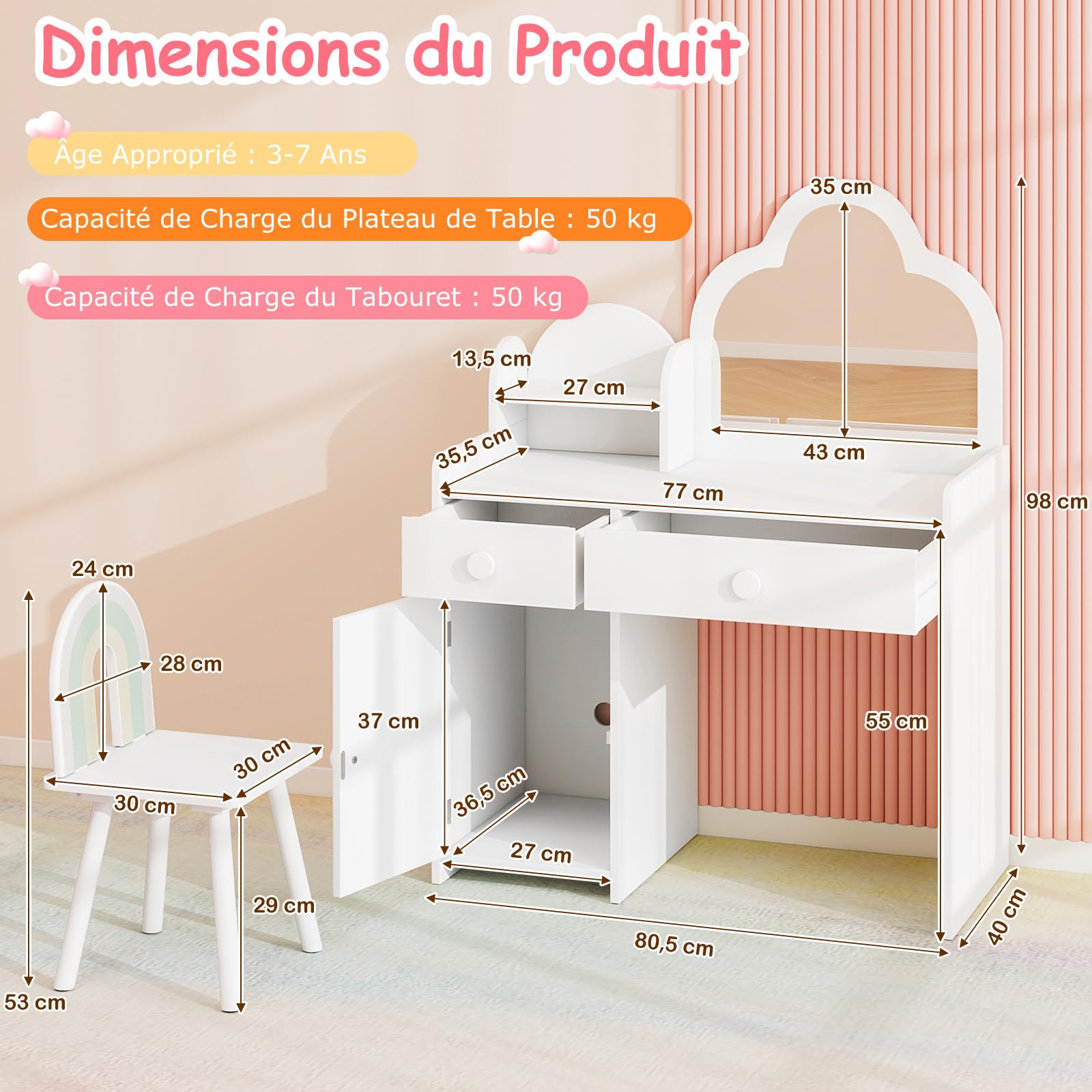 COSTWAY 2 en 1 Bureau Enfant Fille avec Chaise & Miroir en Forme Nuage, Coiffeuse Enfants Fille avec Étagère & Tiroirs & Armoire Fermée, Dispositif Anti-basculement, Charge 50kg pour 3-7 Ans
