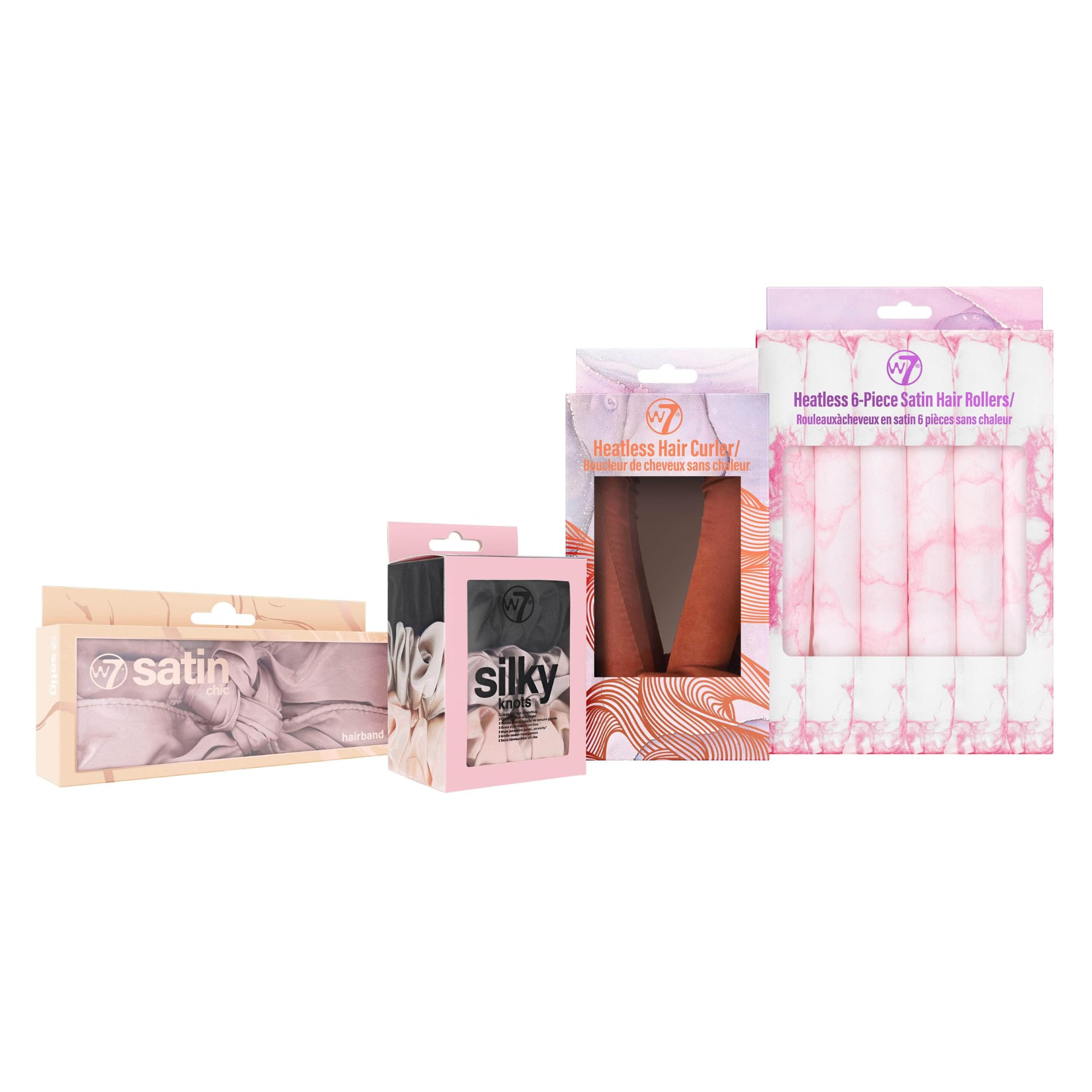 W7Silky Hair Essentials - 4 Piece Hair Styling Set - Satin Headband, Scrunchies & Heatless Hair Rollers & Curler - Anti-Breakage Styling Tools