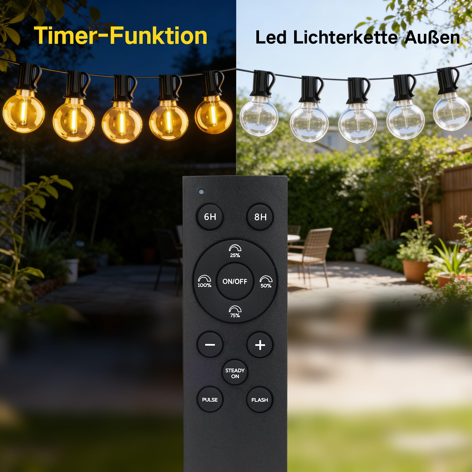 Lichterkette Außen Strom 45m, Dimmbar & Timer LED Lichterkette Outdoor mit Fernbedienung, IP65 Wasserdicht Lichterketten Glühbirnen, Außenbeleuchtung für Garten Pavillon Terrasse Balkon Party Draußen