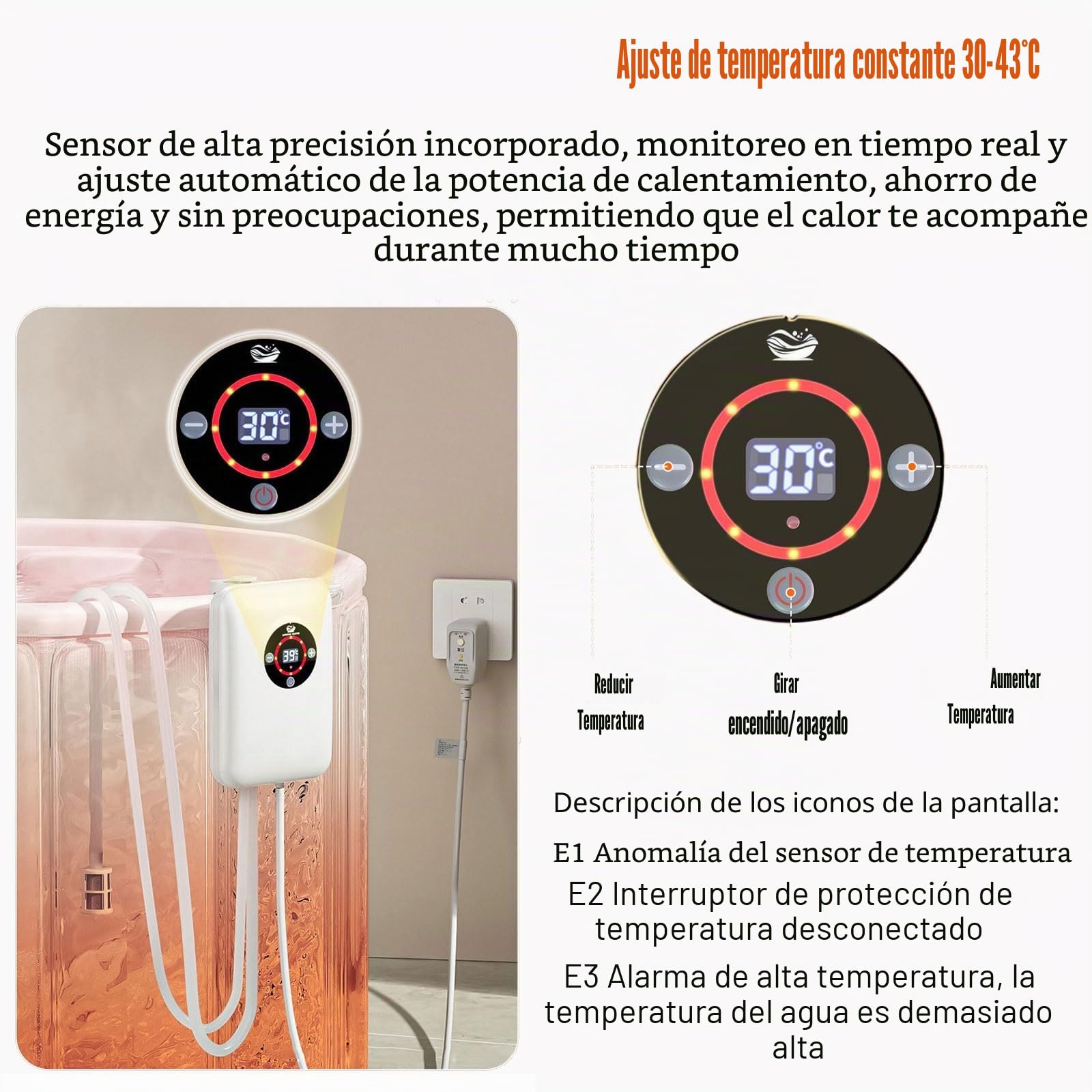 Calentador de bañera, Calentador de Agua con Control de Temperatura Constante, Calentador termostato de baño, para Cubos, bañeras, Piscinas pequeñas, jacuzzis, para los Amantes del baño