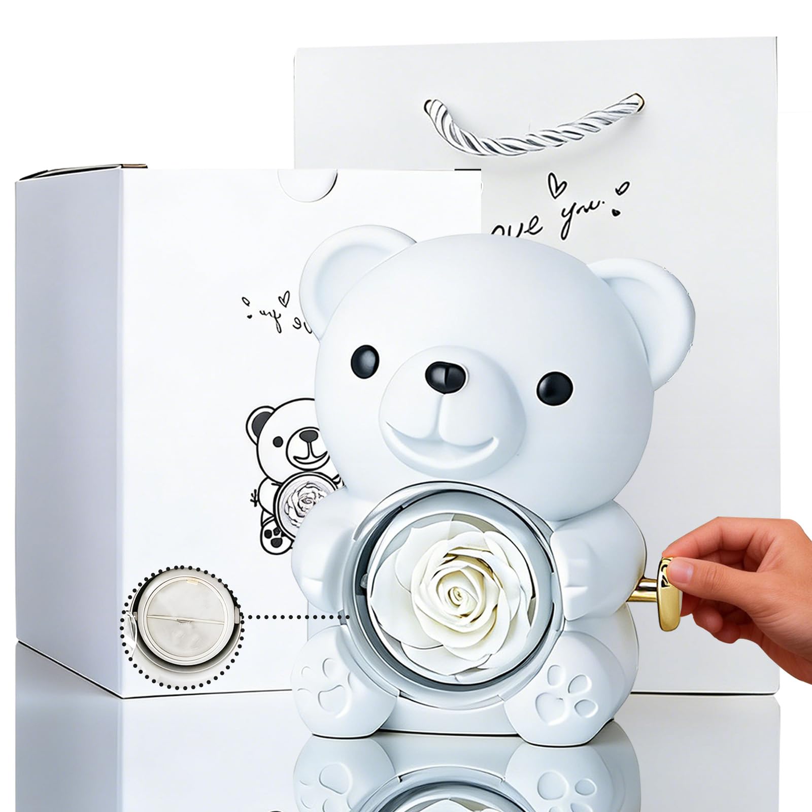 yayafunfun White Romantic Teddy Bear with Preserved Rose Heart, Hidden Jewelry Box, Eternal White Rose Teddy Bear Gift for Women Girl Valentines Day, Mother's Day, Birthday,Wedding, Bridal Shower — image 1